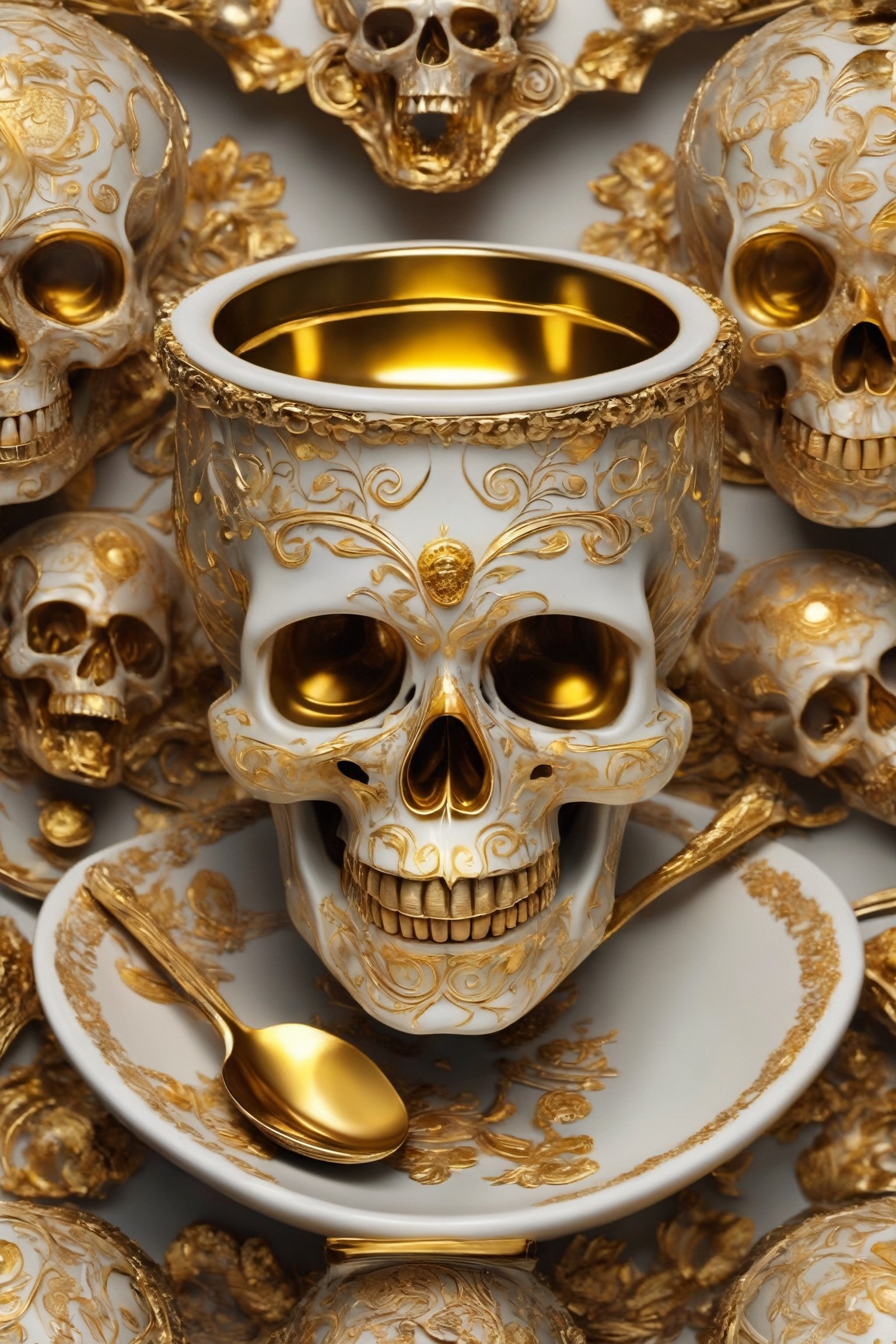 Imagine a skull-shaped cup adorned with intricate golden embellishments, evoking an aura of mystery and intrigue. Crafted from gleaming gold, its hollow eye sockets and toothy grin exude an eerie charm. Delicate patterns of filigree and ornate engravings cover its surface, hinting at ancient rituals and arcane knowledge. Whether used for ceremonial purposes or as a vessel for potent concoctions, its golden sheen casts a mesmerizing glow, commanding attention and inspiring awe. Symbolizing the juxtaposition of life and death, the skull cup serves as a potent reminder of mortality's embrace, while also celebrating the richness and opulence of the human experience.,skll