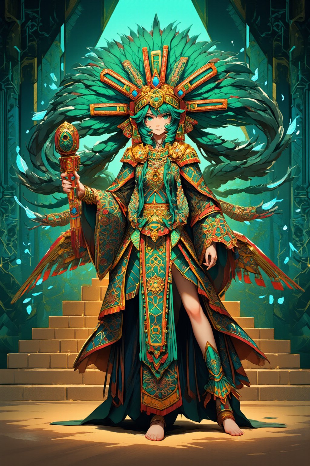 1girl,Hatsune Miku, reimagined in ancient Aztec style. She wears an elaborate headdress adorned with long teal feathers and gold ornaments, resembling a quetzal bird. Her outfit is a mix of traditional Aztec clothing and her signature style: a teal and gold huipil tunic with intricate geometric patterns, layered over a long skirt with Aztec calendar motifs. Gold arm cuffs and anklets with turquoise inlays. Her iconic twin tails are braided with colorful threads and gold beads. She holds a ceremonial staff topped with a digital interface symbol. Miku's face paint mimics Aztec designs in teal and gold. The background features a step pyramid with glowing teal circuit patterns. Surrounding her are stylized Aztec representations of music notes and digital waveforms. The overall color palette is rich with teals, golds, reds, and earth tones. The art style blends traditional Aztec art with modern anime aesthetics.,1girl,Anime Style,niji,lyh,dal,Made of adrr-zllj