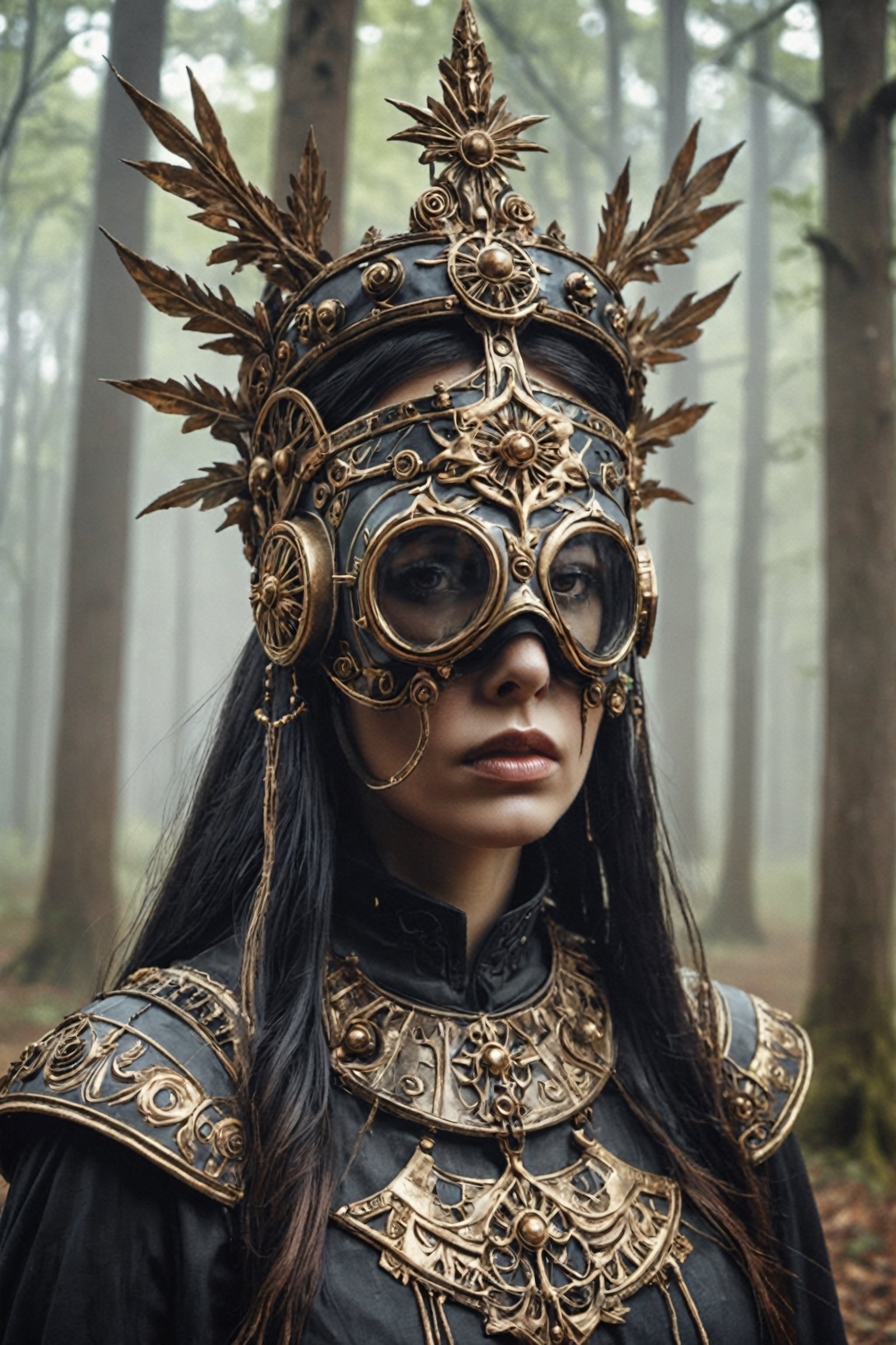 shaman head CROWN,(Wearing ww1 military gasmask),woman dressed as a witch standing in the woods, a portrait, tumblr, gothic art,Corps paint face, thorn crown, beautiful female god of death,style,LegendDarkFantasy,bl1ndm5k