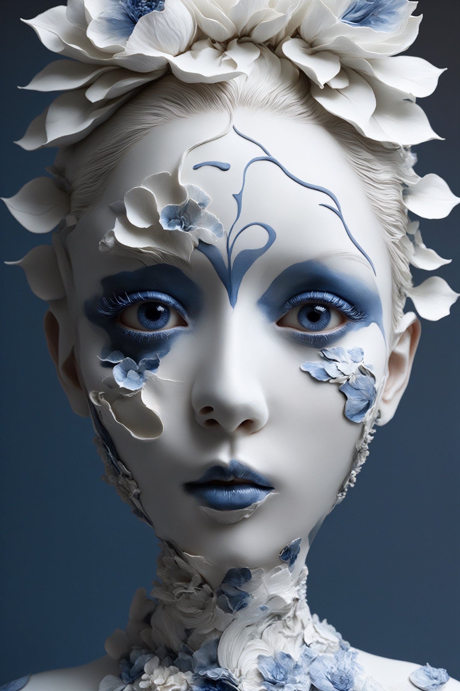 a woman made out of porcelain, white and blue, detailed facial features, organic forms, meticulous,makima,perfecteyes
