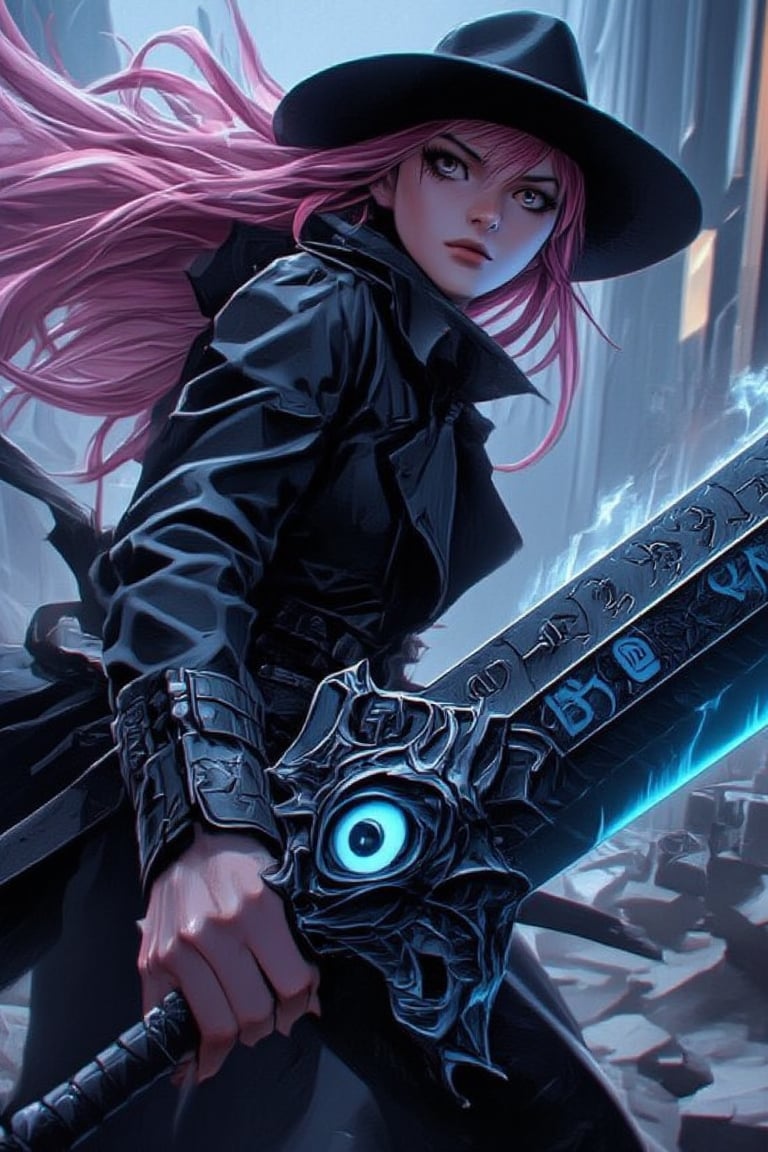 Cool anime character design,Western movie atmosphere,
1 girl,
Beautiful Caucasian woman, with sharp piercing eyes and dark eyeshadow,Long light pink hair flowing from under a stylish cowboy hat. Wearing a sleek black trench coat that billows dramatically. Holding an enormous magical sword with both hands. The sword has a dark blade etched with glowing blue runic symbols. Large, ominous eye embedded in the sword's guard, pulsing with arcane energy. Dynamic pose, ready for battle. Intricate details, high contrast lighting, Anime art style with a touch of realism. 4K resolution, digital painting.",niji6,niji5,Marvel comic style,FLUX comics style