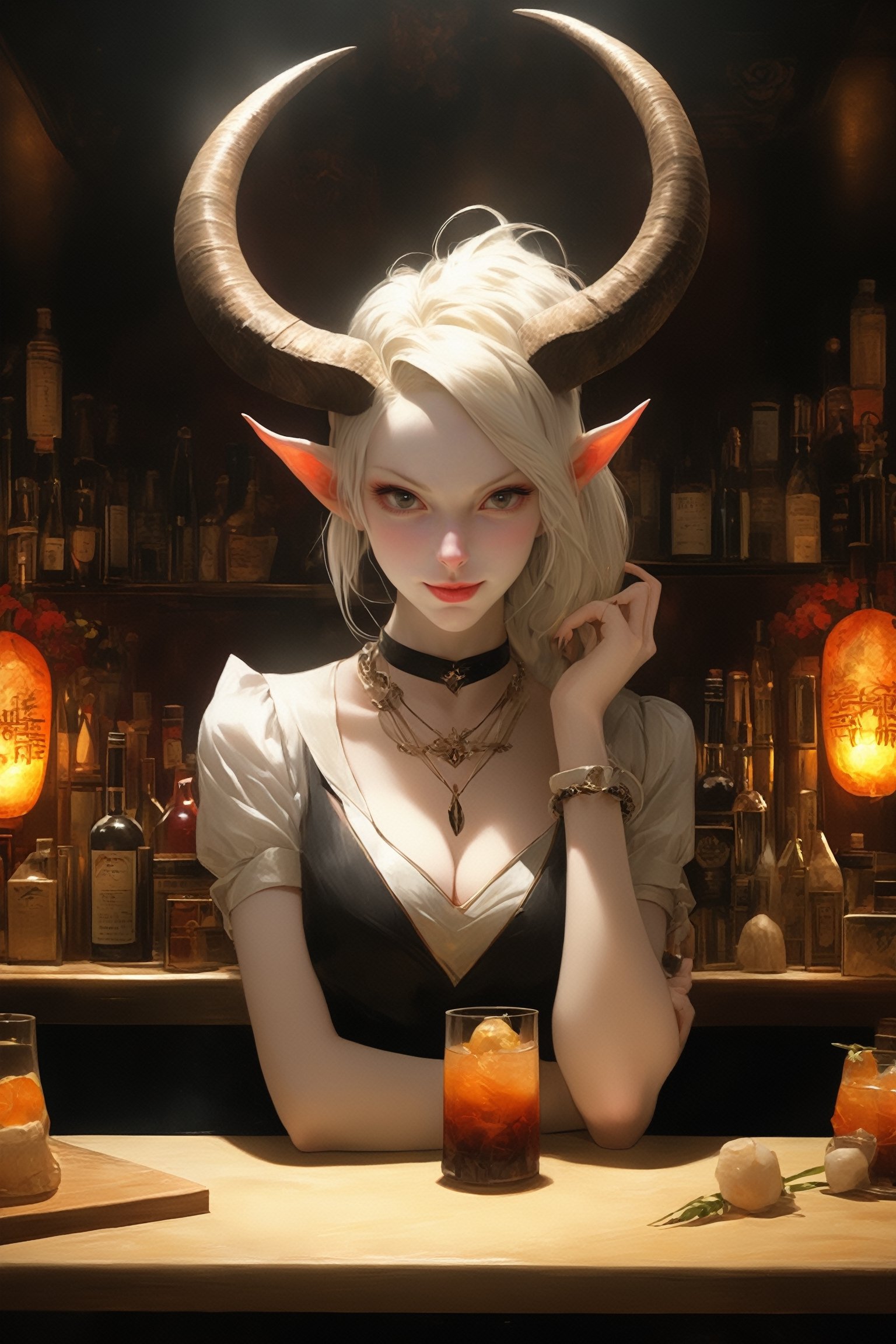 Ultra Realistic anime,1girl,albino demon girl bartender,  (long intricate horns:1.2) , alabaster skin,receptionist behind its bar table,warm gentle smile at the viewer,
BREAK,
In a fantasy bar adorned with themes of light, nature, and fantasy decorations,  ambiance exudes a beautiful and archaic style.crafting enchanting cocktails that shimmer with otherworldly allure,sakimichan style,niji5,real_booster,art_booster