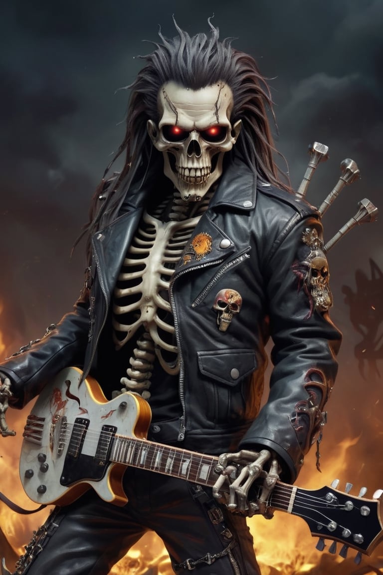 A chillingly cool, heavy metal zombie, decorated with symbols of rebellion and darkness, a skull with solid hair and twisted metal,
ribs protruding from the abdomen, flames burning in the skeleton's eye sockets, an undead rocker with a sharp guitar in his hand And wearing a leather jacket, the realm of the living and the dead is a symphony of chaos and rebellion.,h4l0w3n5l0w5tyl3DonMD4rk