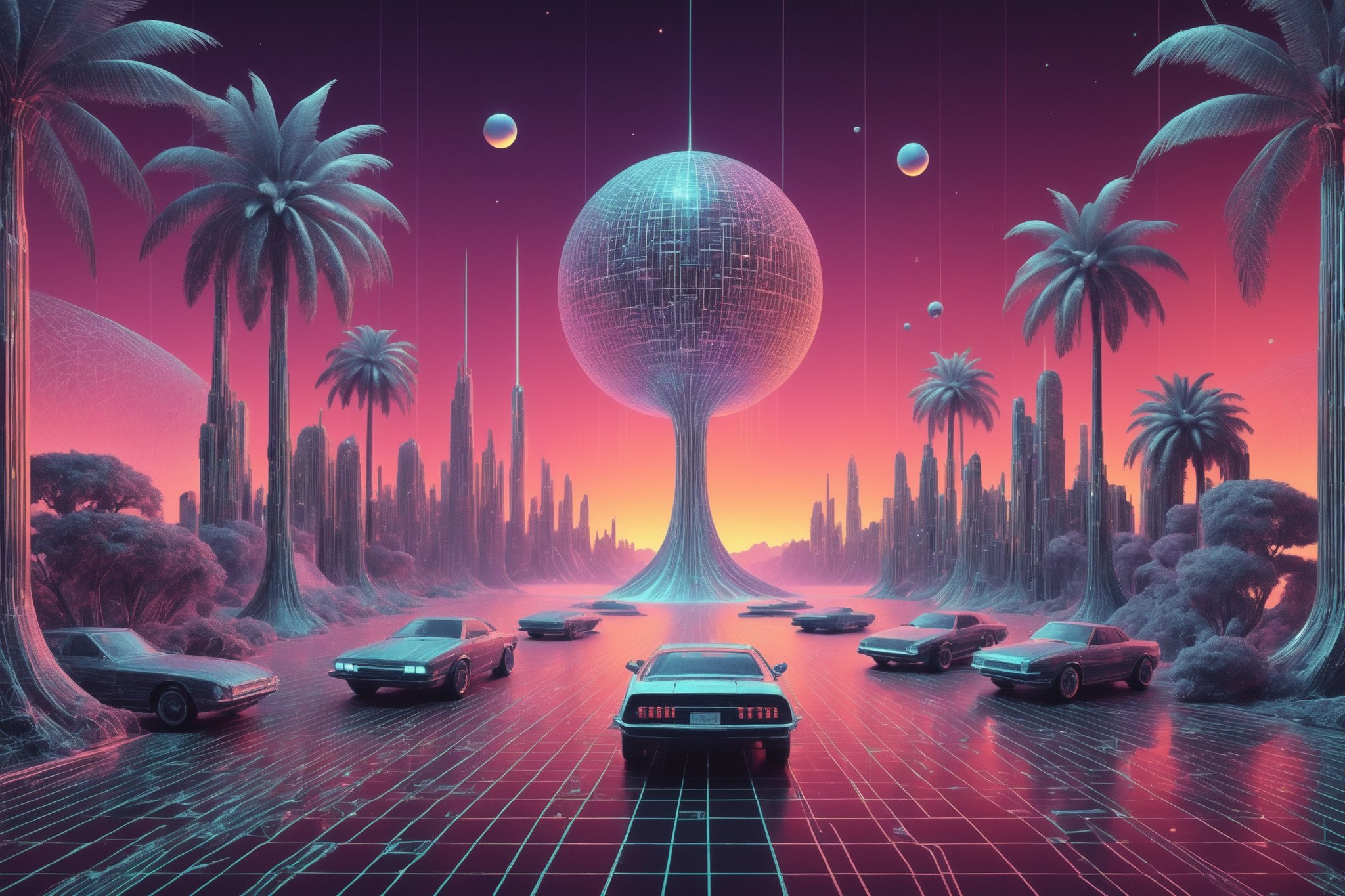 1980's wireframe Retro CG style,Logic hologram wireframe World,(Retro CG),
(wireframe hologram beach),(hologram wire framered sunset),hologram Palm tree,hologram muscle car,
,3D Mesh,3D mesh digital Matrix,Clear Glass Skin,GLASS,Matrix code,Amidst the dynamic world of 3D design,retropunk style