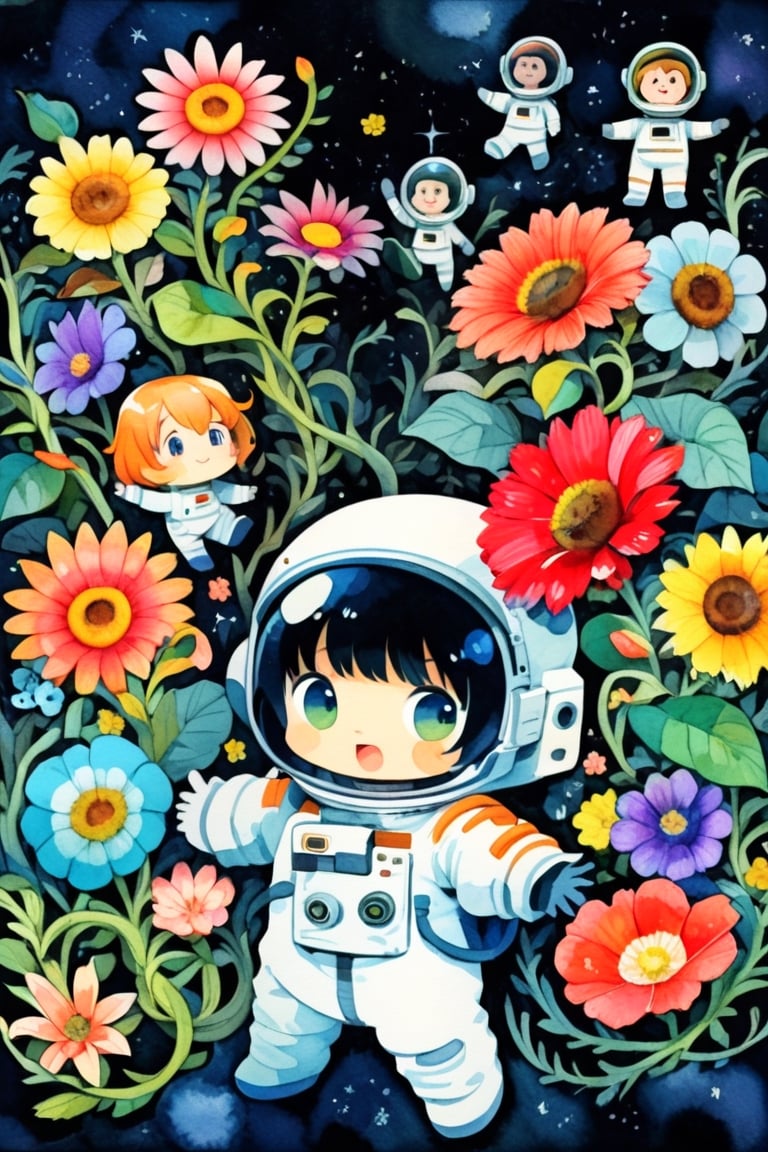 Deformed pop art,Ultra maximalism art, a beautiful flower garden with bright flowers blooming as far as the eye can see, an astronaut surrounded by flowers,
A strange alien sight, a black monument covered in flower vines,
Astronaut flowers, astronaut_flowers,watercolor \(medium\),dal-6 style,kankandara,chibi emote style,Anime style