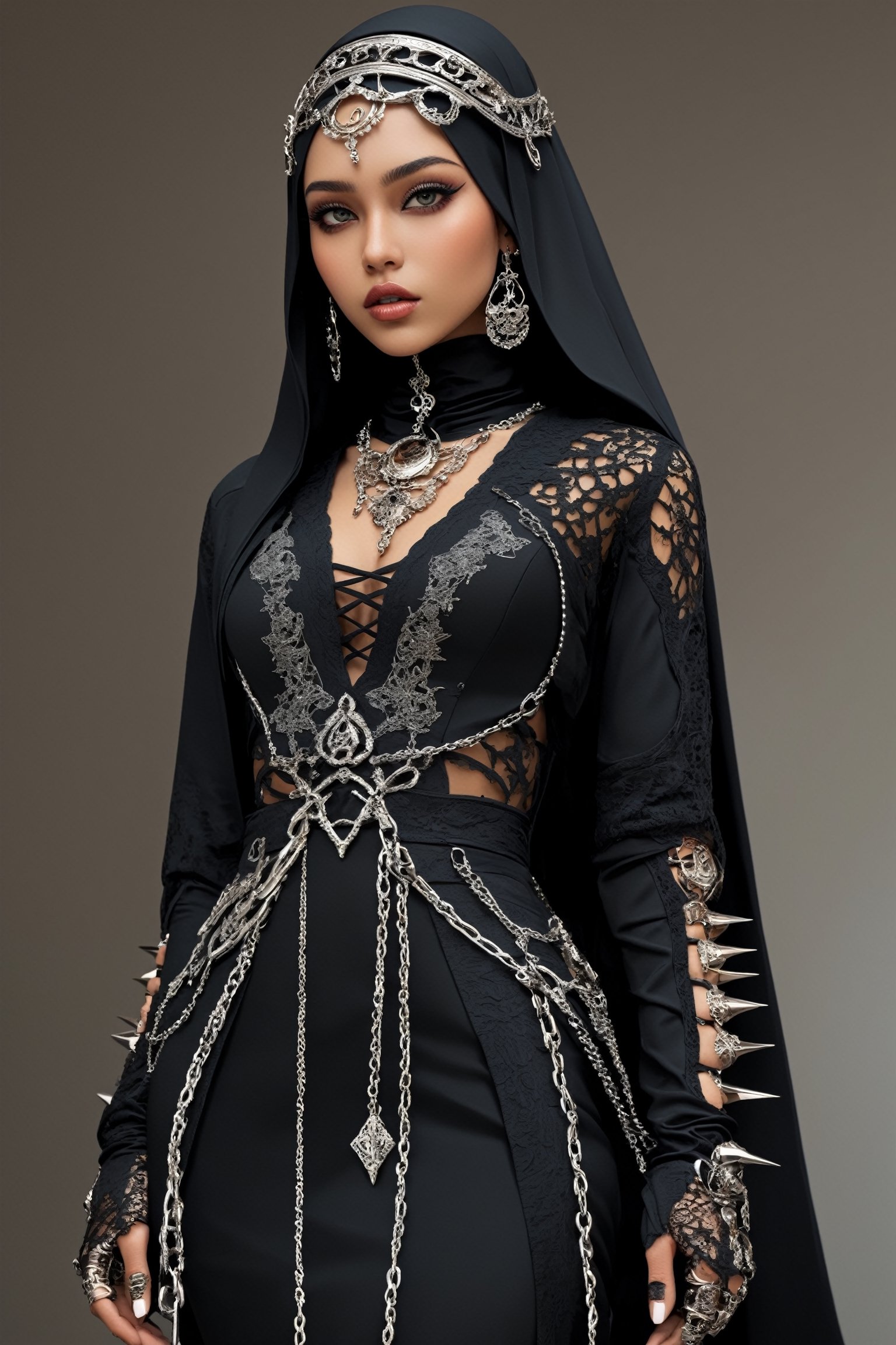 extreme realistic,1  woman,Beautiful middle eastern woman,adorned in a striking fusion of traditional Islamic ethnic attire and edgy Gothic punk fashion. Envision her wearing a sleek, floor-length abaya embellished with intricate lace patterns and adorned with chains and studs, giving it a modern and rebellious twist. Picture her hijab transformed into a statement piece, featuring bold prints or dark, dramatic colors, accented with metal spikes or safety pins. Imagine her accessorizing with chunky leather boots, fingerless gloves, and layered chains, ,photo_b00ster,Mavelle
