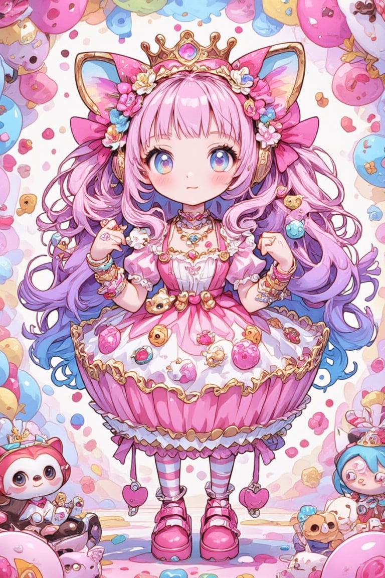 1girl ,vtuber anime character design,love＋peace＋ice cream,big Eyes,(Eyes that protrude from the contours of the face:1.3),(Extremely deformed eyes:1.4),
An over-the-top maximalist Vtuber character in hyper-decorative pink Lolita fashion. Her anime-style face features enormous, sparkling eyes in gradient pastel colors, framed by impossibly long eyelashes. Her multi-layered hair cascades in a riot of pastel pinks, purples, and blues, adorned with an excess of bows, flowers, and glittering accessories. She wears a frilly, cupcake-shaped dress in various shades of pink, covered in lace, ribbons, and ruffles. The dress is further embellished with candy motifs, stuffed animals, and miniature tea sets. Multiple petticoats peek out from beneath, each a different shade of pink. She sports striped stockings and platform shoes with heart-shaped buckles, Numerous bracelets, rings, and necklaces adorn her, along with a tiara and cat-ear headphones, background is a dizzying collage of pastel colors,anime style,anime girl,future0615,niji,Chibi-chan