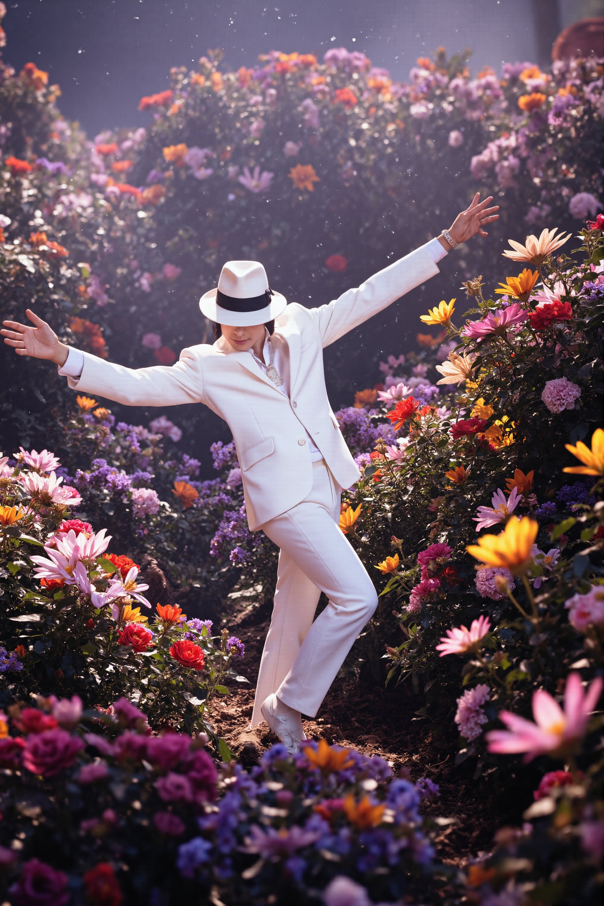 Michael Jackson, dressed in a crisp white suit, complete with his iconic fedora, is mid-dance in a vibrant, otherworldly landscape. Surrounding him are countless exotic, glowing flowers of every imaginable color, their petals stretching toward the sky. The air is filled with sparkling pollen and soft, ethereal light, giving the scene a dreamlike quality. Michael strikes a classic dance pose, one leg bent, arms outstretched, as his white suit contrasts with the colorful, fantastical flora. The scene feels magical and surreal, blending his iconic style with the beauty of a mystical, blooming world.,MJBAD87,plain87,subway87,white outfit,MJ2007