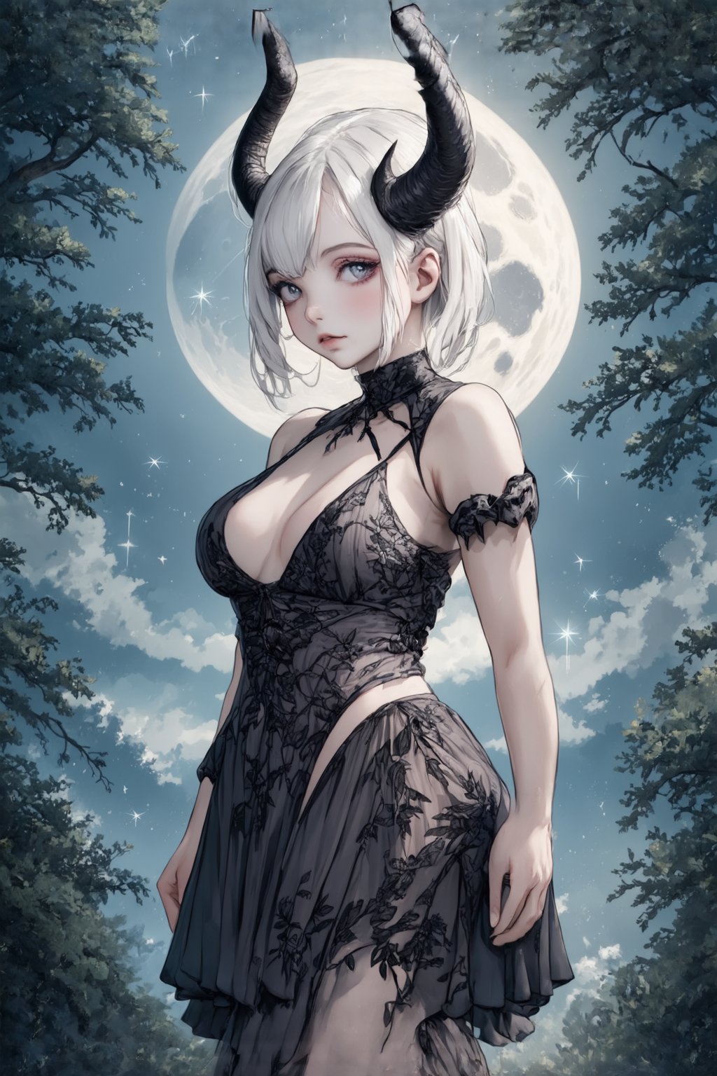 Fairy tale illustrations, otherworldly mythology, perfect sky, moon, shooting stars,
Pagan style graffiti art, general, forest background, one girl, albino demon girl, devil horns, detailed facial features,sexy sideless dress,
, Facial Tribal Pattern, Masterpiece, Top Quality, Very Aesthetic, Super Detailed, Sideless Dress, Sidedress, Watercolor, 2bEimi