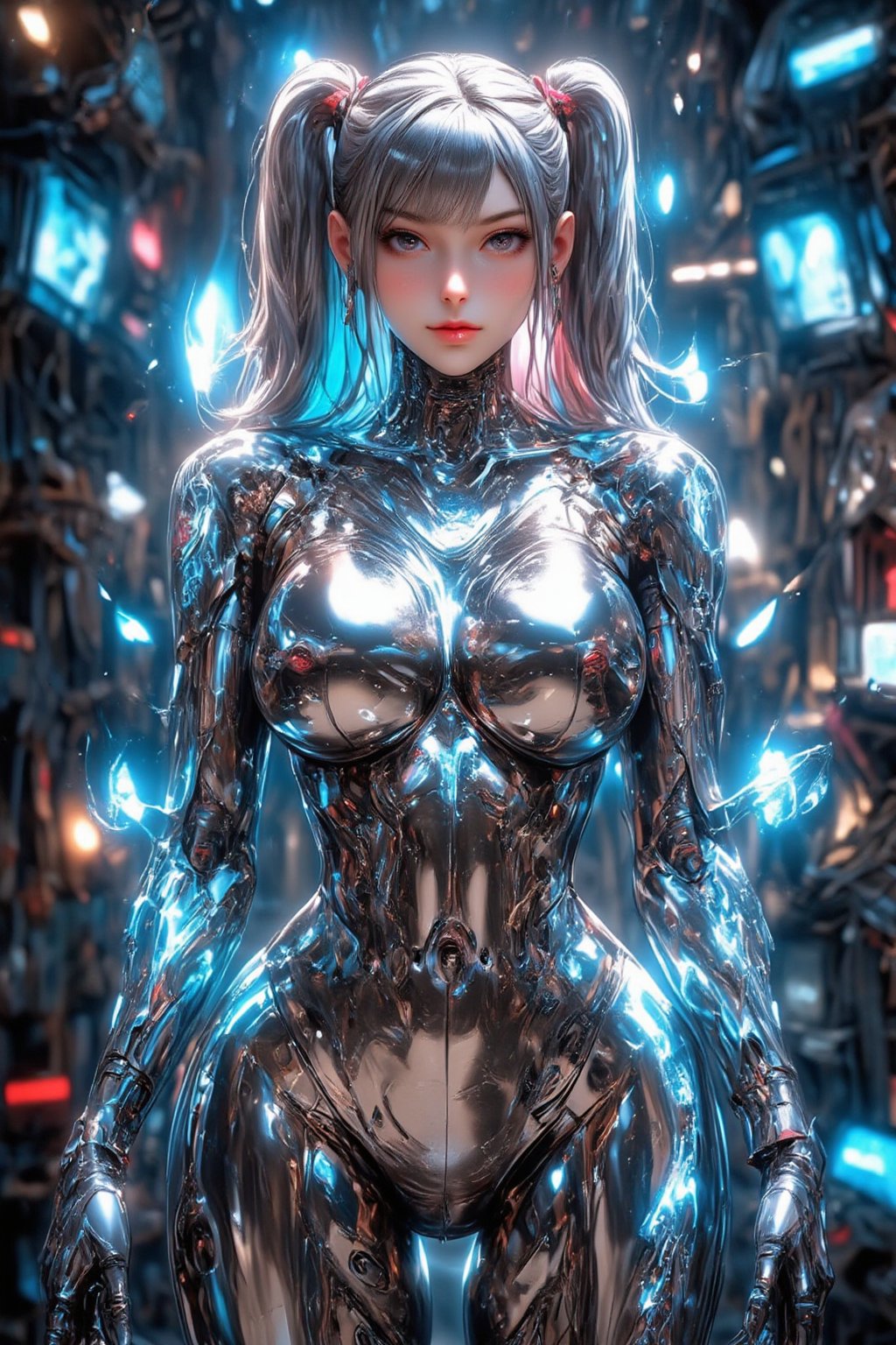 A sleek female cyborg with a mirror-polished chrome body, reflecting its surroundings. Feminine curves accentuate its robotic form. Vibrant, multicolored cables extend from its head like hair, flowing in various directions. Intricate, glowing blue-white tattoos cover the cyborg's metallic skin,tattoos body,creating complex patterns and circuitry designs. The tattoos pulse with a soft, ethereal light. The cyborg stands in a futuristic laboratory setting, surrounded by holographic displays and advanced technology. Its eyes emit a gentle, intelligent glow. Hyperrealistic details, 8K resolution, ray tracing, cinematic lighting.,\mechako\,cyborg_master, QTGIRLREAL,REALNIME