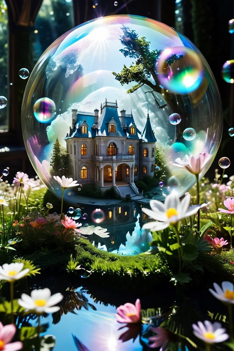 Lots of soap bubbles,A beautiful and delicate mansion trapped in a floating glass ball, several floating in a mysterious and magical space.,bubbleGL,dreamgirl