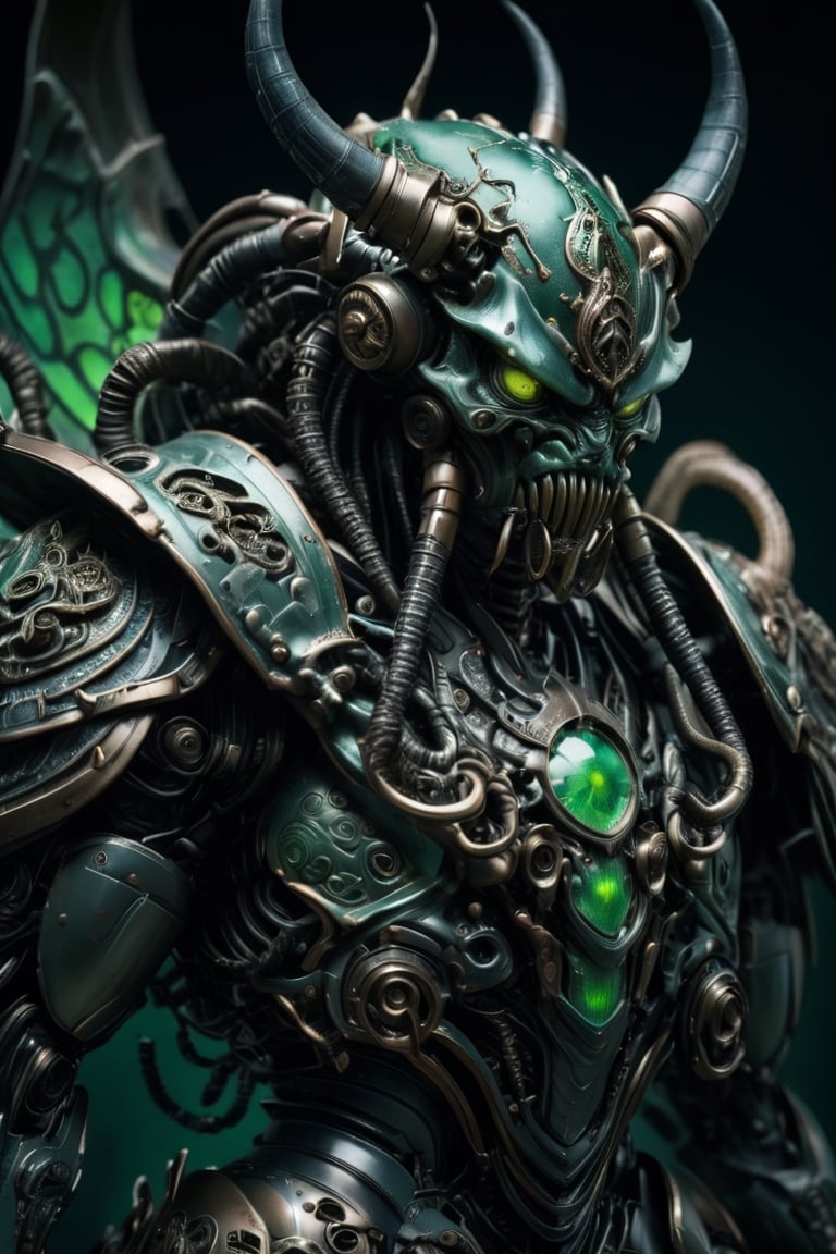 cyborg Cthulhu, in the form of a formidable Machine Oni warrior, exudes a sense of dread and power,cybernetics armor is adorned with intricate engravings of eldritch symbols and tentacle motifs, reminiscent of ancient Japanese artistry. The helmet features grotesque, otherworldly visages, and the armor is embellished with dark, iridescent scales reminiscent of Lovecraftian horrors. Its eyes glow with an eerie green light, reflecting its malevolent nature,samurai,robot