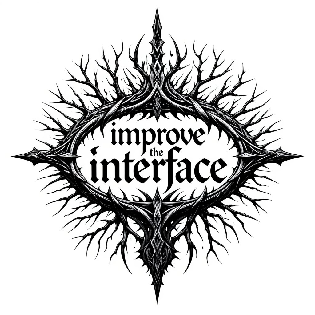 Dark, intricate black metal band logo style design. Text reads "improve the interface". Extremely illegible and creepy typography. Intertwined thorny branches and sharp, angular shapes. Symmetrical layout with a central oval shape. Radiating lines resembling tree branches. Gothic and ominous aesthetic. Black ink on white background. High contrast monochrome illustration. Detailed line work. No color.,fluxtration