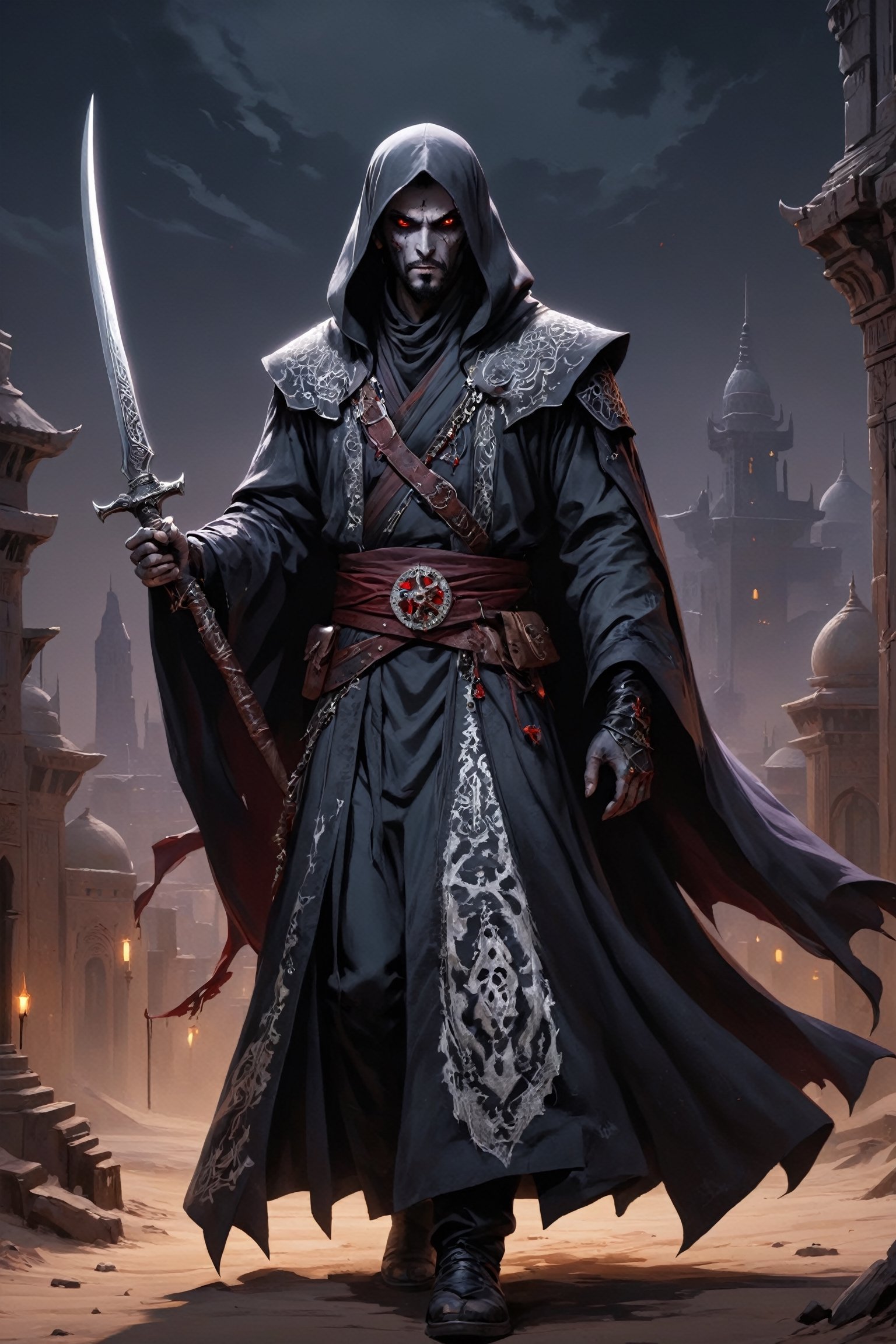 Middle Eastern-inspired vampire hunter, in the vein of Van Helsing, exuding an air of mystery and danger. Picture him clad in intricately embroidered robes, adorned with symbols of protection against the undead. His face obscured by a traditional keffiyeh, revealing only steely determination in his eyes. In one hand, he wields a curved scimitar, while the other holds a gleaming silver dagger, both engraved with ancient runes for banishing vampires. Behind him, the dusky skyline of a desert city looms, adding to the atmosphere of suspense and intrigue. Capture the essence of this enigmatic figure as he prowls the shadows, ready to confront the supernatural threats that lurk in the night."