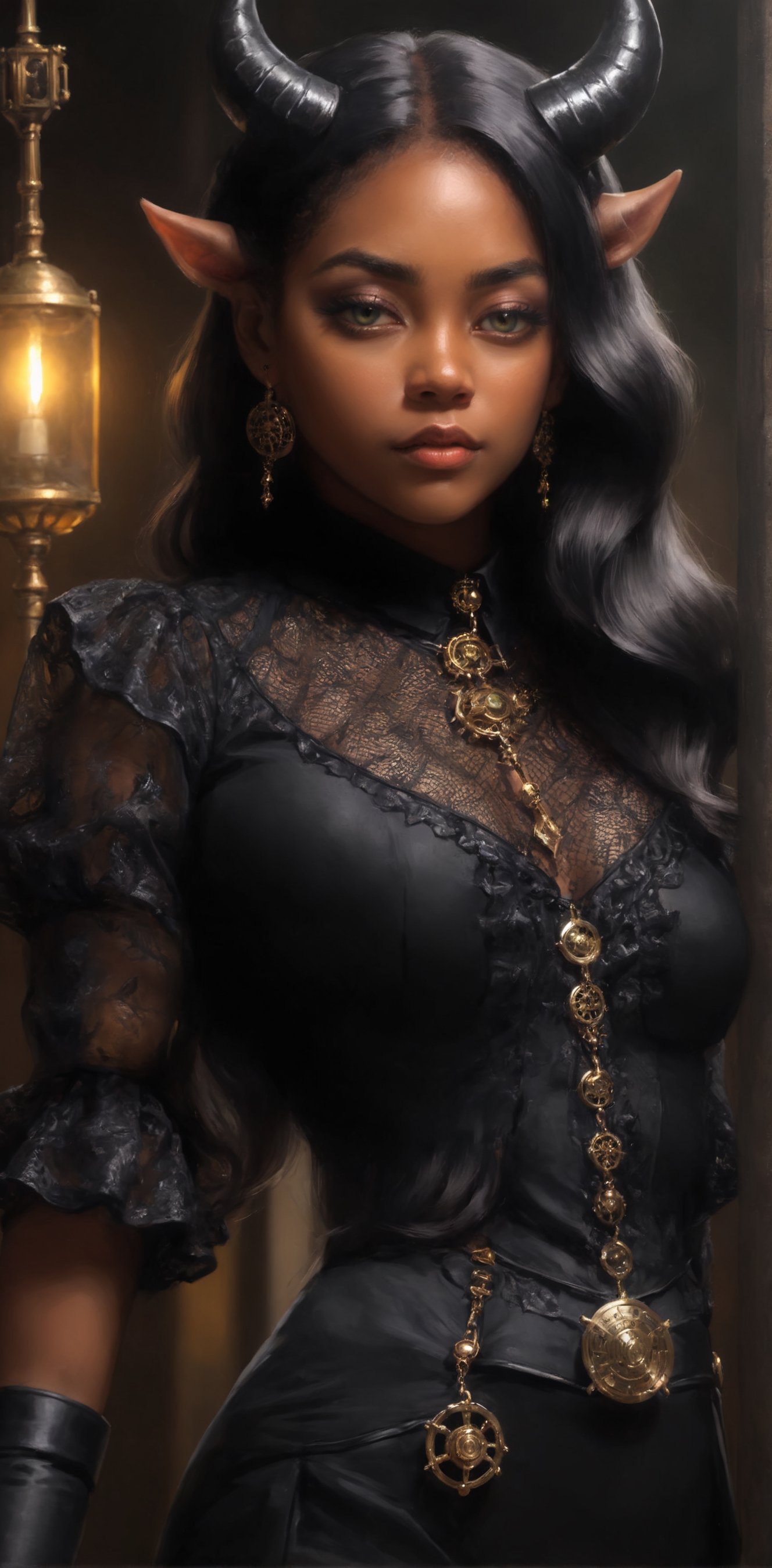 1 girl, (melanism), melanism demon girl,black skin,
,(((pitch black slit pupil eyes)),mesh fishnet blouse, (long intricate horns),Incredibly beautiful looks,
best quality, highest quality, extremely detailed CG unity 8k wallpaper, detailed and intricate, 
,steampunk style,Glass Elements