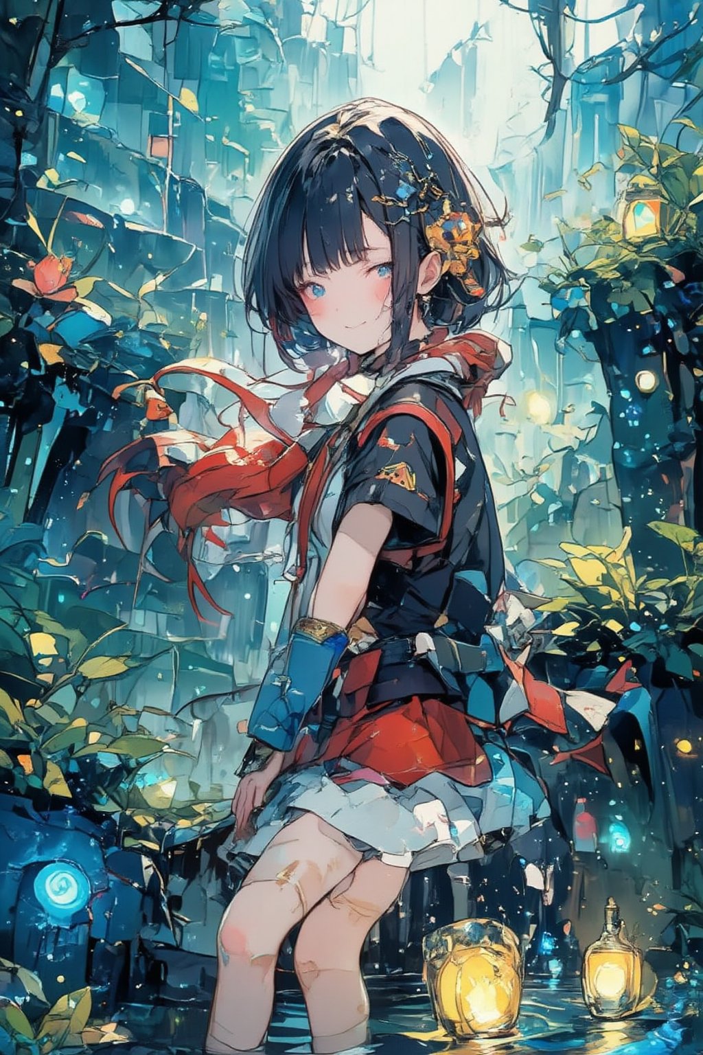 1girl,Anime-style illustration of a cheerful young alchemist girl, short black hair with ahoge, blue eyes and a bright smile. Tribal face paint: delicate white swirls around eyes and cheeks. Outfit: white shorts, black and gold jacket, red arm wraps, magical items floating around: glowing potion bottles, small creatures, Accessories: star-shaped hair clip, unique high-heeled boots (blue, gold, red), Pose: facing the viewer, Color palette: black, white, gold, red, blue accents. Style: clean lines, vibrant colors, details. Background: beautiful waterfall pool. lush greenery, sparkling water, misty air. Lighting: soft, magical light emanates from both the character and the waterfall. Mood: fun, mysterious, adventurous. Key details: smoke coming from the potion, floating stars, intricate design on the clothing. Overall: a charming blend of magic, science and nature in an energetic character design. ,dal,Fantasy Girl,dal,fantasy girl,Flat Anime Niji Style