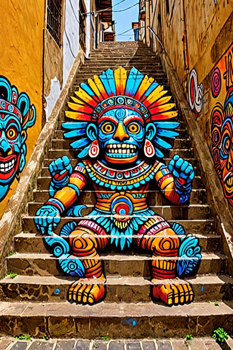 masterpiece, best quality, stair-art, stairs art, alleyway's exterior featuring a vivid representation of Tezcatlipoca,