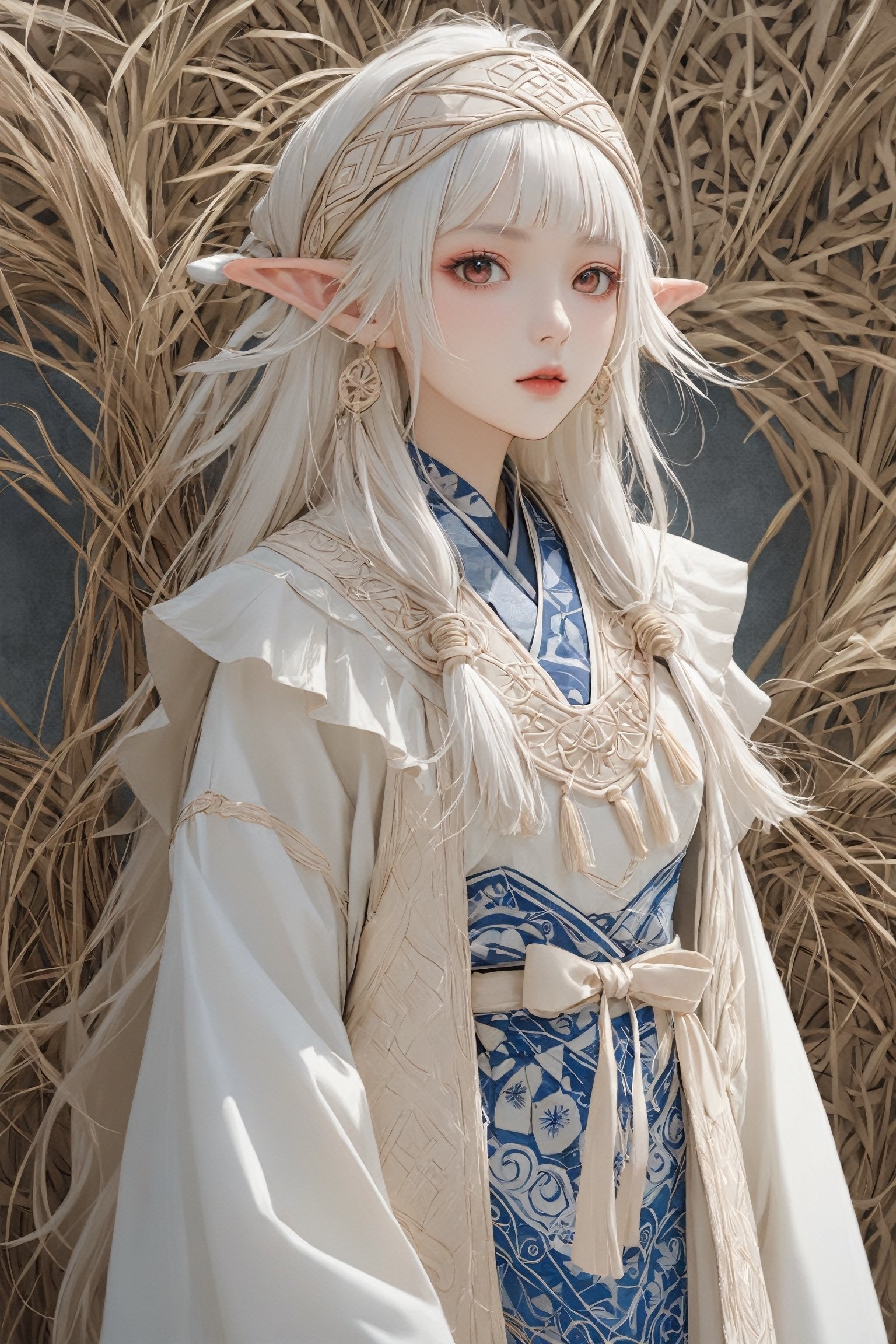  a beautiful Albino elf girl,elf ear, wearing traditional Ainu attire, adorned with intricate embroidery and patterns symbolizing Ainu culture,Clothing embroidered with traditional Ainu patterns,
 Her garments include a dress and apron,Completing her look is a unique headpiece that enhances her beauty,With pride in Ainu culture,Misery Stentrem,Nina Aslato