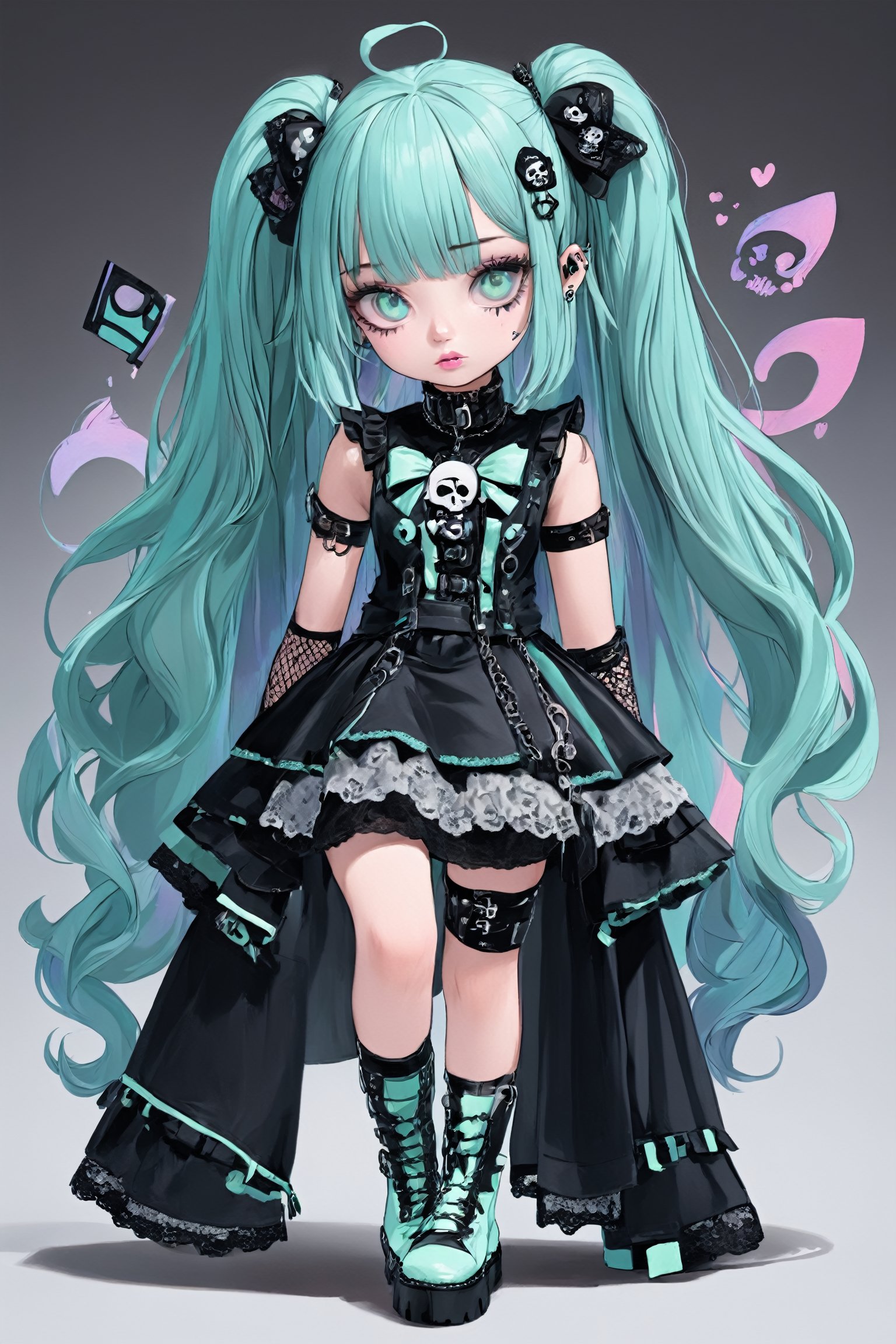 1Girl, VTuber with a Gothic Emo style fused with pastel punk fashion, She wears dark, edgy clothing with Gothic elements like lace, corsets, and chains, but in pastel colors like pink, mint green, and lavender. Her hair is a vibrant mix of pastel hues, styled with asymmetrical bangs, adorned with small skulls or bows. Accessories include studded bracelets, chokers, and combat boots, all in pastel shades. Her makeup features dark eyeliner and eyeshadow, contrasted with pastel lipstick,vtuber,dal-1,DonMM1y4XL