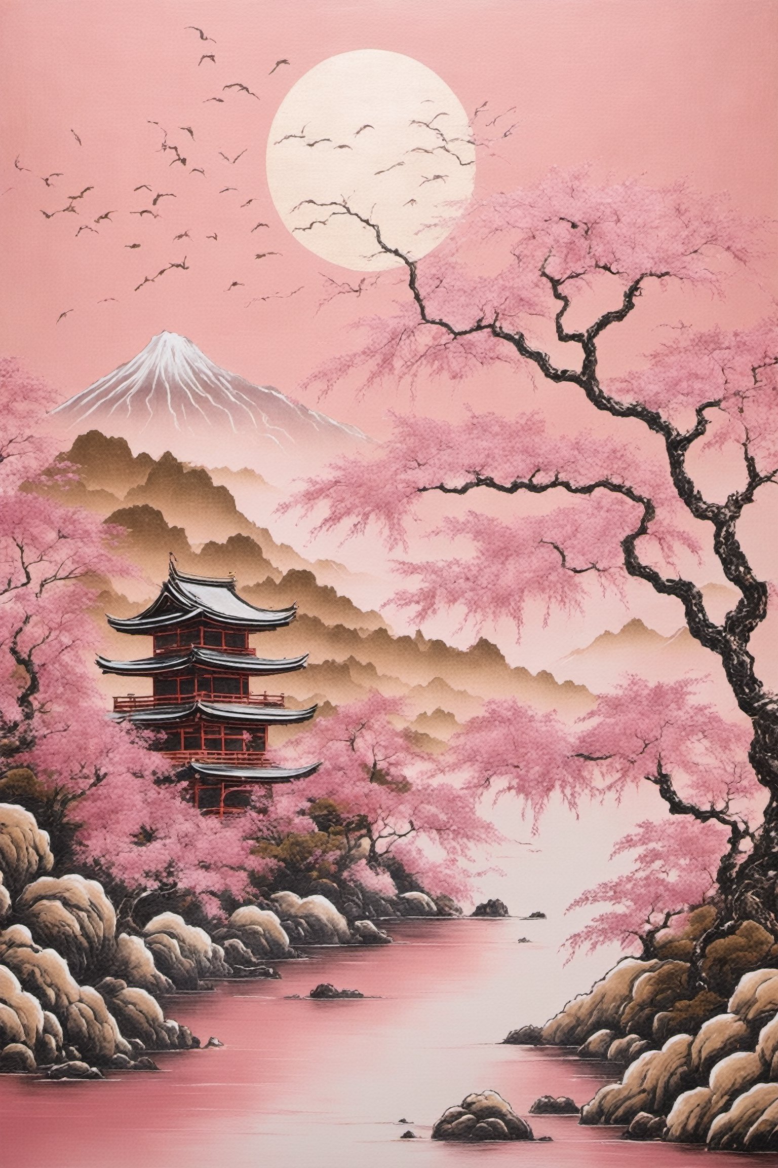 pink-gold leaf art,
representing winter depicted on a using pink-gold leaf technique for traditional Japanese fusuma-e  art, Emphasize the use of pink-gold leaf to capture the brilliance of sunlight,red leaf, and the serene beauty landscapes,Japanese tree,traditional artistry of fusuma-e with the opulence of pink-gold leaf,japanese art,