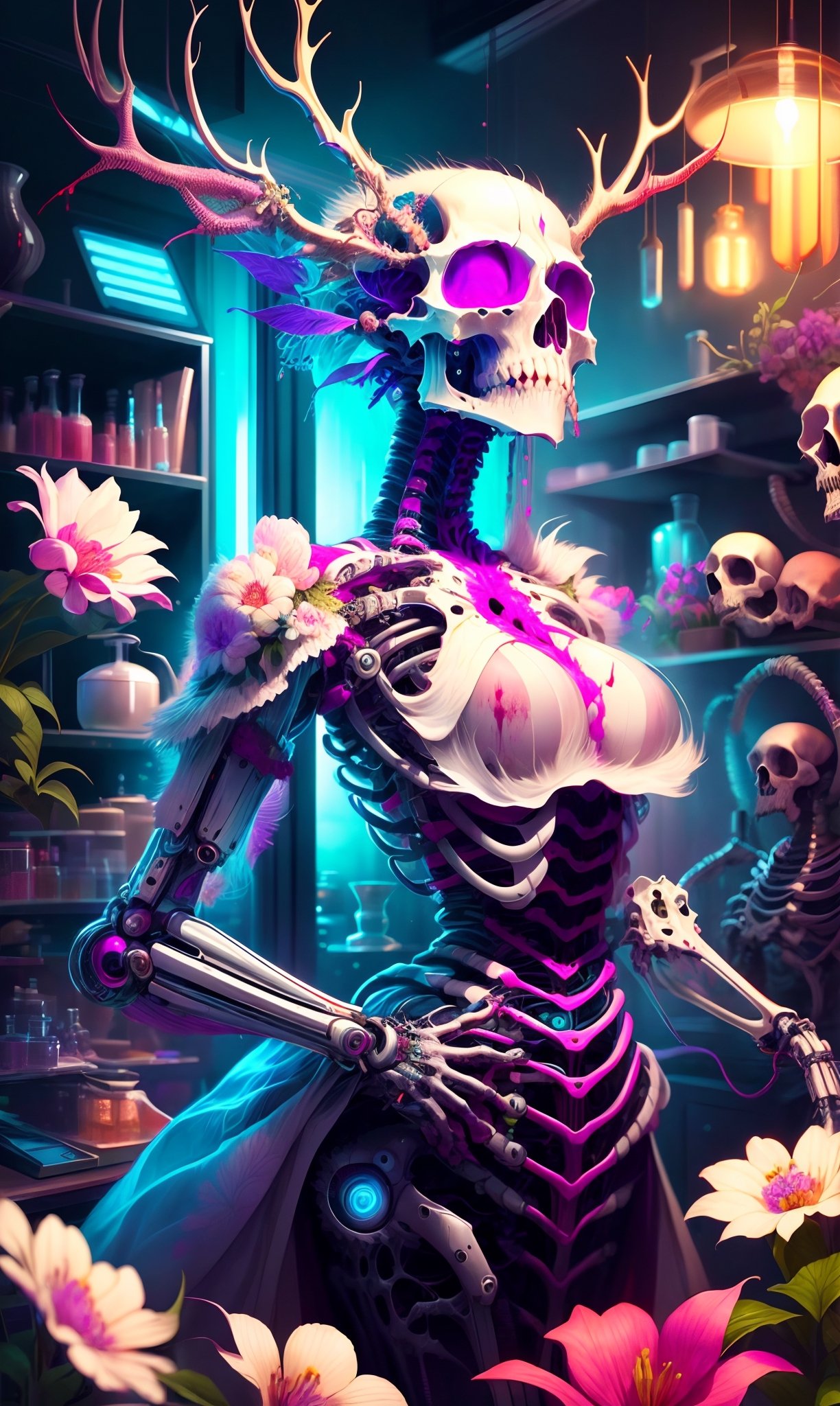 ultra beautiful aesthetic art,pastel art,light coloring,Flower Garden,beautiful girl,bizarre dress, Body fused with machine,Bizarre cyborg artwork,Body in pieces by pieces, lot goa,blood,elk Head skull, necromantic mechanical necro girl,beautiful Face,hanfulolita,skull,Illustration