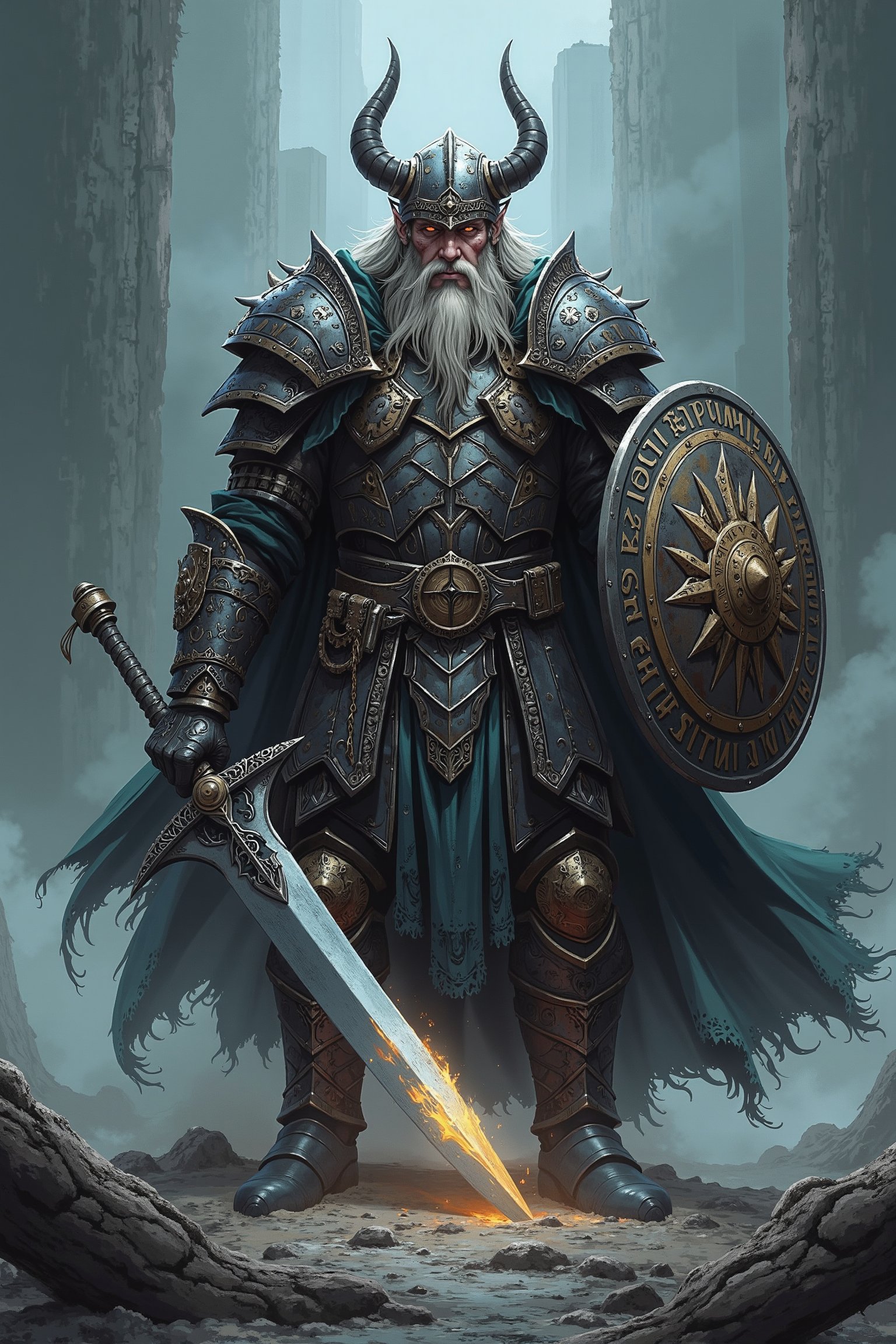 dark fantasy artwork,1man,full armored Viking warrior, standing amidst a desolate battlefield, shrouded in mist and shadow, Clad in intricate armor adorned with ominous runes and battle scars, the Viking exudes an aura of ferocity and resilience, Gripping a massive great Sword in one hand and a shield emblazoned with intimidating sigils in the other, he gazes ahead with grim determination,LegendDarkFantasy,glowing sword,ink style