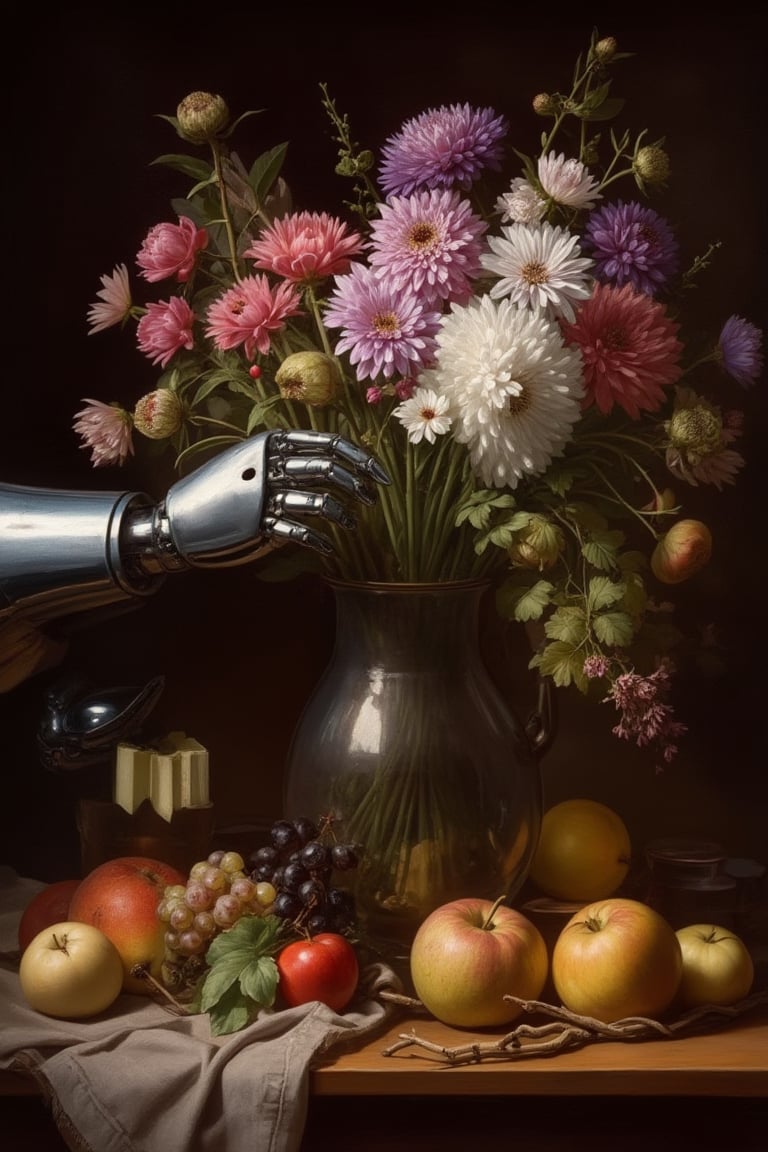 Fantin-Latour style still life painting. Rich, warm tones. Dark background.

Central: Vase with vibrant flowers - asters, chrysanthemums in white, purple, pink.

Foreground: Assorted fruits on tablecloth - grapes, pears, apples.

New element: Sleek, metallic robotic arm reaching from left side. Gently grasping a single flower from the bouquet. Reflective surface contrasts with soft, organic elements.

Lighting: Soft, diffused light emphasizing textures of fruits, flowers, and robotic arm.

Style: Maintain painterly realism of original. Subtle brush strokes visible. Robotic arm painted with same technique, blending seamlessly,

Mood: Juxtaposition of classical beauty and futuristic technology. Sense of gentle intrusion or curiosity from the robotic element,

Color palette: Warm browns, vibrant floral hues, cool metallic tones of the arm.,oil-on-canvas style of classic painting