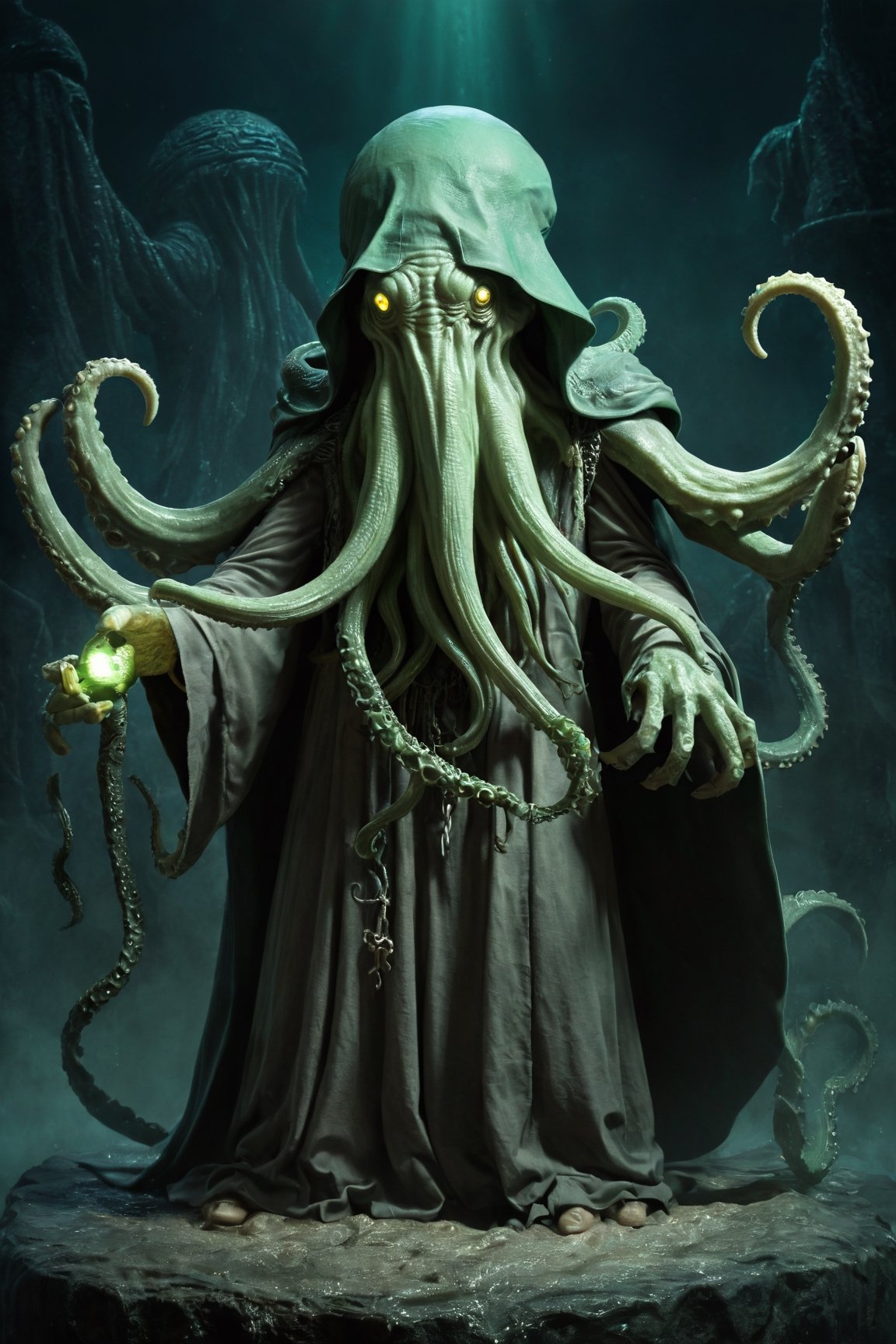 Missionary Cthulhu,emerges from the depths with an otherworldly aura, blending the devout zeal of a missionary with the unfathomable terror of Cthulhu. Cloaked in tattered robes adorned with symbols of ancient cults, it carries a tome filled with forbidden knowledge and dark prophecies. Its eyes glow with an unearthly light as it spreads its message of cosmic dominion to the far corners of the earth. With each step, it leaves behind a trail of madness and despair, converting the unsuspecting into fervent followers of the eldritch faith. The Missionary Cthulhu is a harbinger of doom,