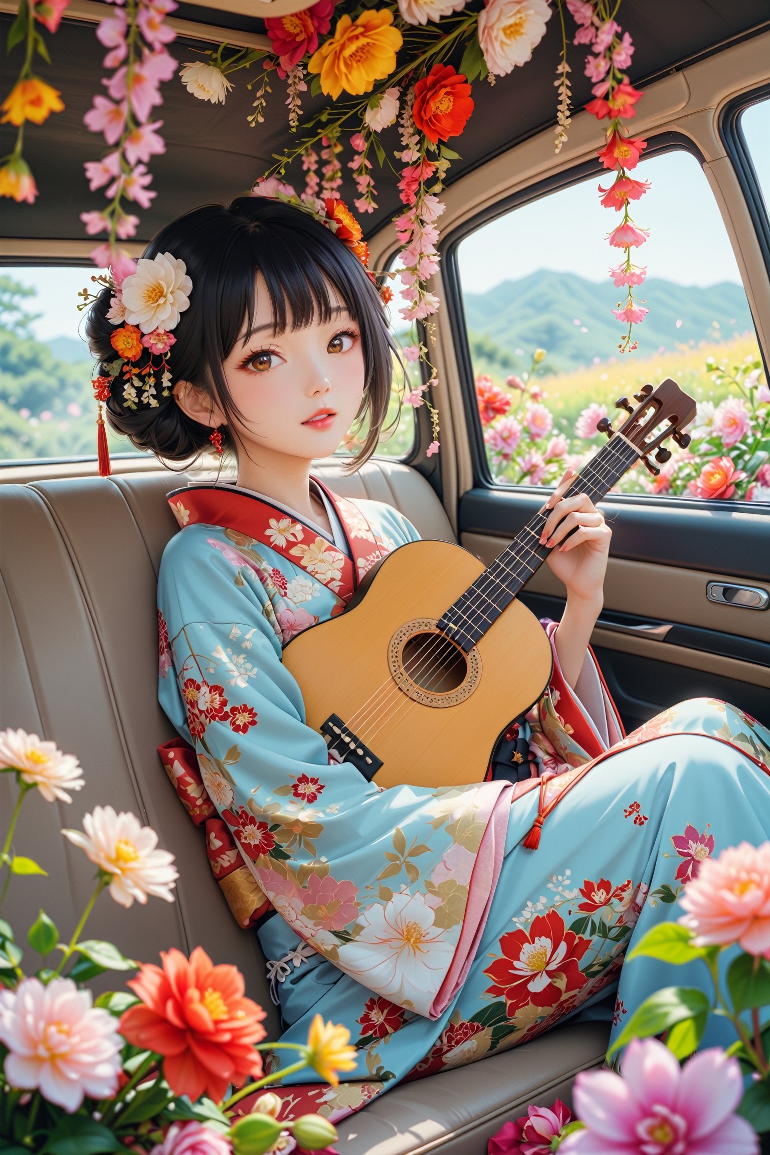 1girl, a beautiful geisha playing the shamisen inside a car adorned with an abundance of flowers.She is dressed in a vibrant kimono, with flowers adorning her hair. The interior of the car is filled with colorful blooms, creating a fragrant atmosphere as the geisha's music fills the space.,Geisha