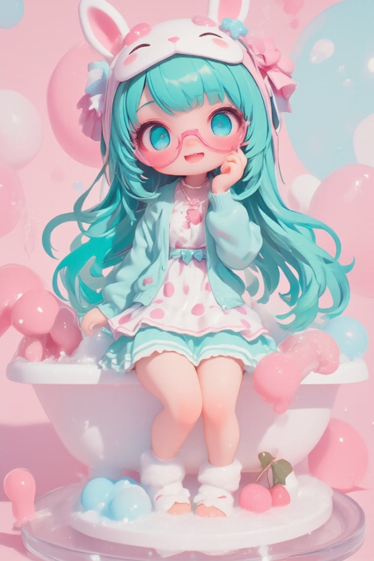 Cute anime-style chibi figure of a girl with long, flowing turquoise hair. Big expressive blue eyes behind pink round glasses. Wearing a white polka dot dress with pink and blue dots, pink trim and a teal blue underskirt. Teal blue cardigan sweater, white and pink animal shaped eye mask on head with eyes closed, small bone decoration and blue ribbon. Pink ribbon in hair. Pink cherry shaped pendant necklace. White rabbit shaped slippers. Posed with one hand raised close to face. Bright expression, figure is immersed in a miniature bathtub full of bubbles,
Very well-made plastic figure on a clear stand. Soft pastel color palette. Professional product photography lighting and setup. ,lyh,dal,create figure 2,furry