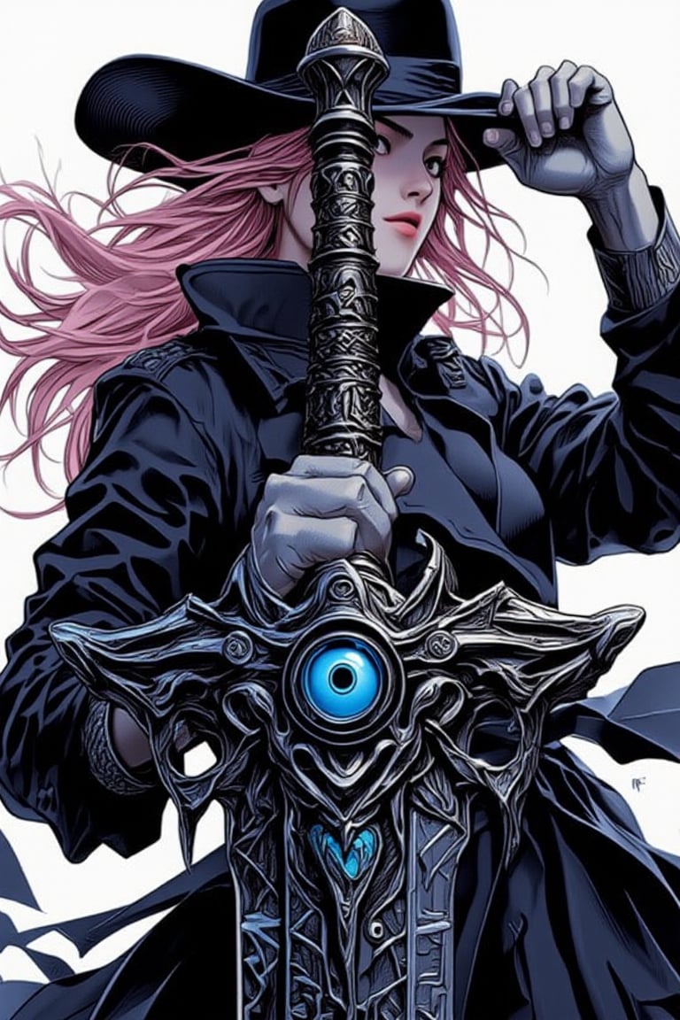 Cool anime character design,Beautiful Caucasian woman with sharp, piercing eyes and dark eyeshadow. Long, light pink hair flowing from under a stylish cowboy hat. Wearing a sleek black trench coat that billows dramatically. Holding an enormous magical sword with both hands. The sword has a dark blade etched with glowing blue runic symbols. Large, ominous eye embedded in the sword's guard, pulsing with arcane energy. Dynamic pose, ready for battle. Intricate details, high contrast lighting, Anime art style with a touch of realism. 4K resolution, digital painting.",niji6,niji5,Marvel comic style 