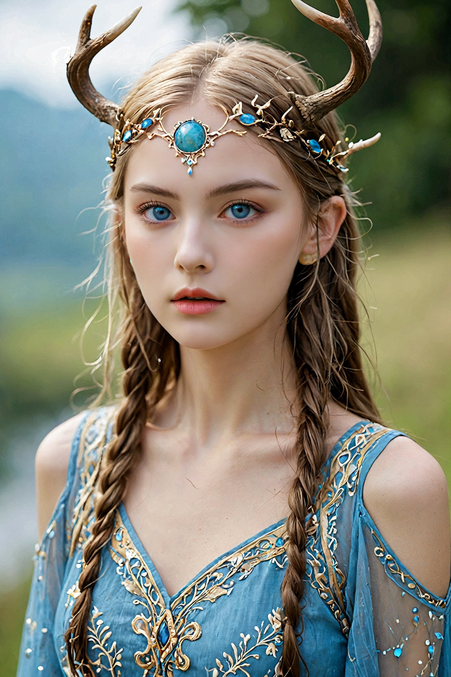 ancient Nordic legendary Young elf,(elf ear),(She wears a crown adorned with intricately carved antlers:1.2),mysteriously blue eyes, adding an air of mystique and wisdom. Her attire is a flowing ancient Germanic dress, crafted from natural fabrics and decorated with detailed embroidery and runic symbols. The dress features earthy tones and elaborate patterns that reflect her deep roots in nature and lore.,Lace Blindfold,IMGFIX,zavy-hrglw,Realistic Blue Eyes,gl1tt3rsk1n
