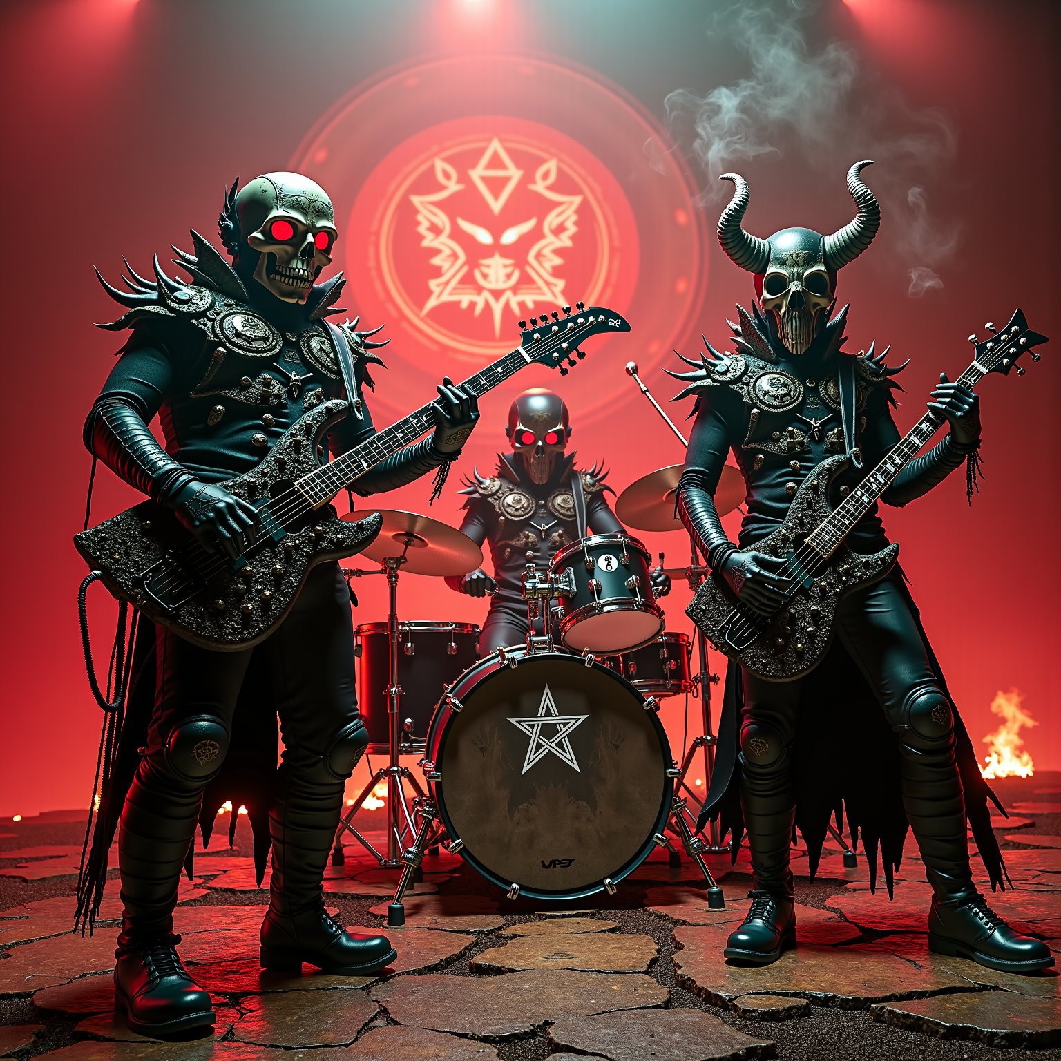 A sinister three-piece black metal band takes to a hellish stage. The musicians wear gothic black space suits with colored visors, intricate silver filigree, spikes, chains, and pentagrams. The suits are riddled with tubes and wires, suggesting life support systems.

Guitarist: A towering figure with a skull visible through a cracked visor. He wields a spiked bat-shaped guitar. The strings glow like lava. His fingers are adorned with sharp claws. Smoke pours from the joints of his suit.

Drummer: Crouched over a massive kit, multiple kick drums arranged like a satanic altar. Cymbals decorated with occult symbols that radiate an unholy light. Drumsticks carved from bone. His helmet has protruding horns and glowing red eyes.

Bassist: A lithe figure holds a bass guitar decorated with a jagged skull. Instruments seem alive with pulsating veins. Suits are covered in writhing tentacles. Visors show a void instead of a face.

The stage is a nightmarish landscape. The floor cracks to reveal magma. Amplifiers and speakers are designed to look like ancient, screaming monoliths. A vortex of souls swirls in the background. Hellish red lighting with green undertones. Smoke machines belch toxic fumes.