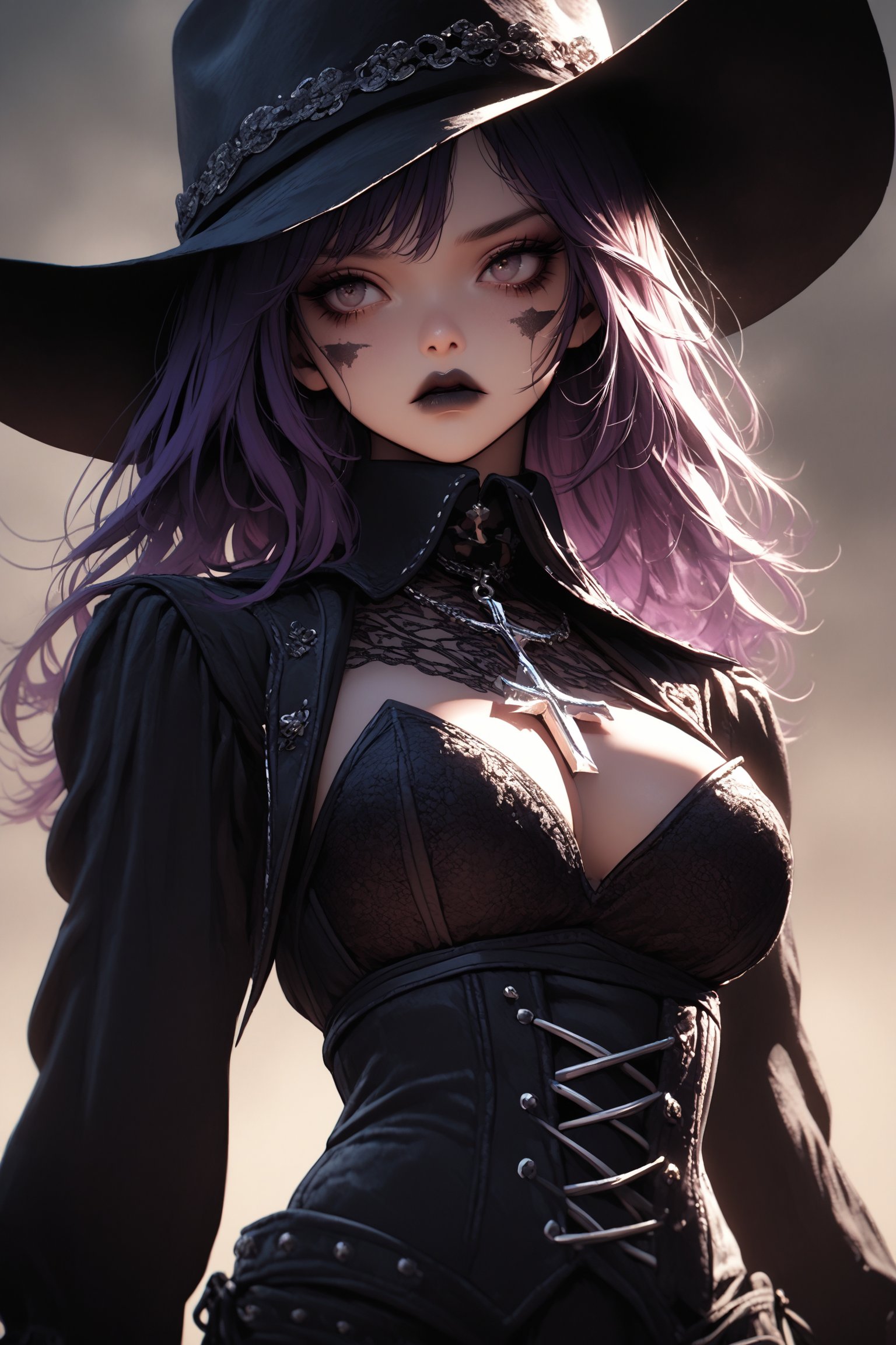 (cowboy shot),
1Girl,Gothic cowgirl portrait, fierce determination in her gaze. Long, flowing purple hair framing face. Dark, smoky eye makeup accentuating intense eyes. Full, pouty lips with dark lipstick. Ample cleavage visible. Black leather cowboy hat with silver studs. Intricate lace-up corset top,black long combat boots
,Ornate silver cross necklace,Dramatic lighting emphasizing facial features. Gritty desert background. Blend of Western and Gothic aesthetics. Hyper-realistic skin textures and fabric details