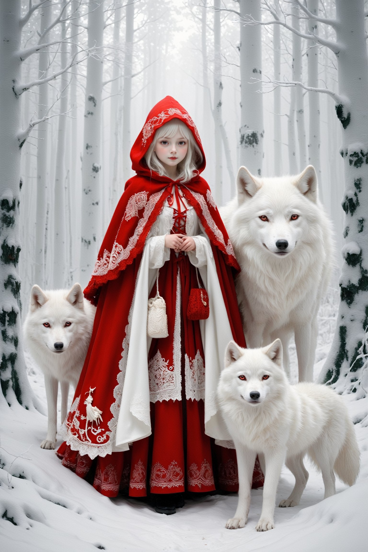 Deep in a magical forest,1 nordic girl, albino Little Red Riding Hood, (and pure white large wolf),1 wolf, wrapped in an intricate red cloak decorated with delicate lace, Red Riding Hood, Pure White Wolf standing by, Gosperson, Dal, Cnd.,InkyCapWitchyHat