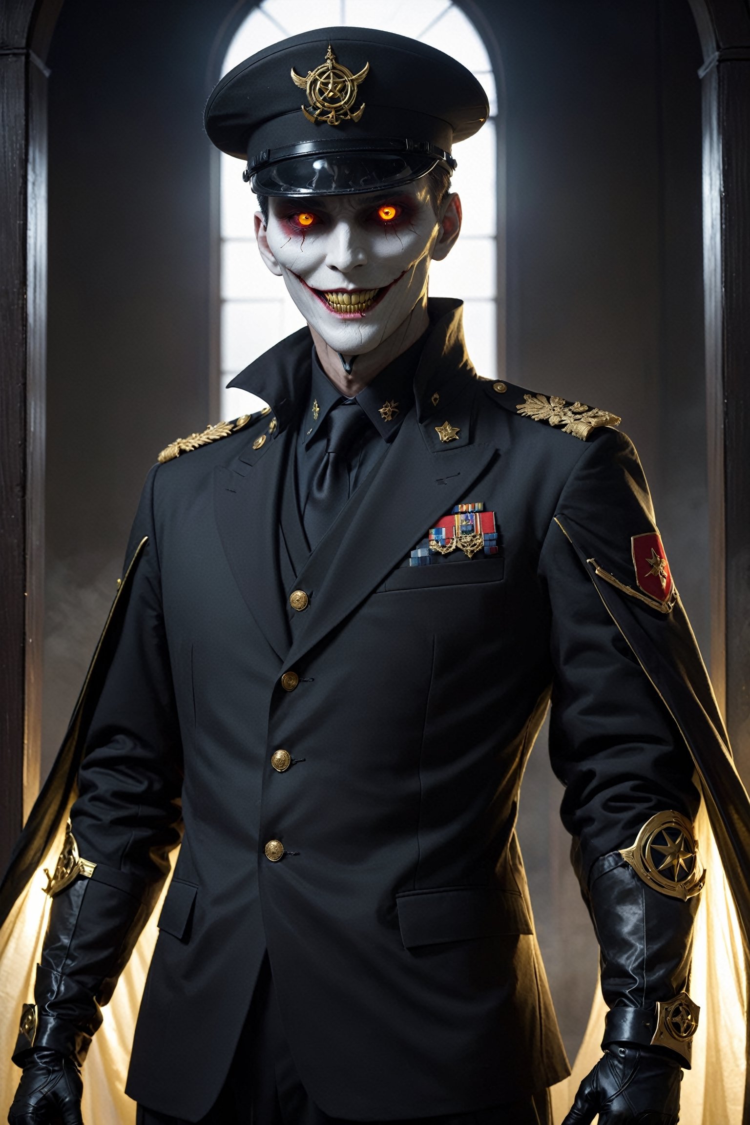 Fearsome and formidable enemy, unusually slender man,grim face,queer smile, a vampire man, crazy face, 35Yo,((eerily glowing golden eyes)), a deeply worn military cap, and dressed in the formal attire of the old Japanese army, he exudes an aura of authority,((black shroud)),His military uniform features a tailored jacket decorated with intricate details and traditional symbols, white gloves marked with a pentagram,pentagram,zavy-cbrpnk,Hiro Crazy Dimension,