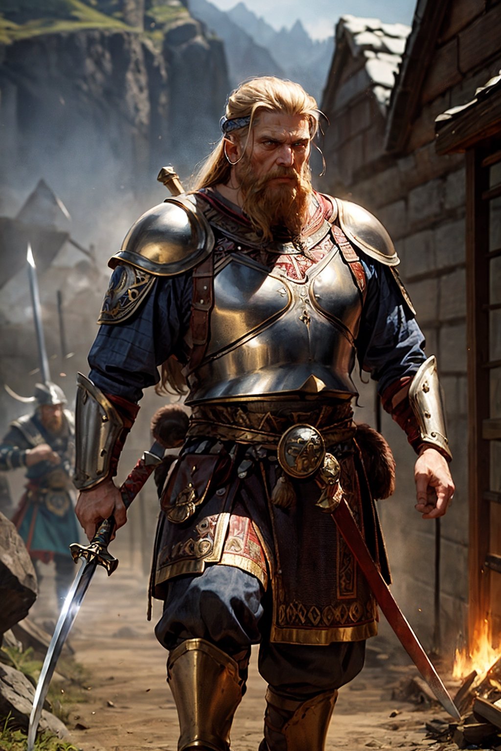 Slavs great Warrior,Slavic Armor,
handsome Elder Slavs,Viking clothes,Solo,
Extreme Detailed,shining metallic,
Warriors fought invaders to defend their homeland and suffered many wounds.
But in exchange for his many sacrifices, he was finally able to protect his family.,holding a sword