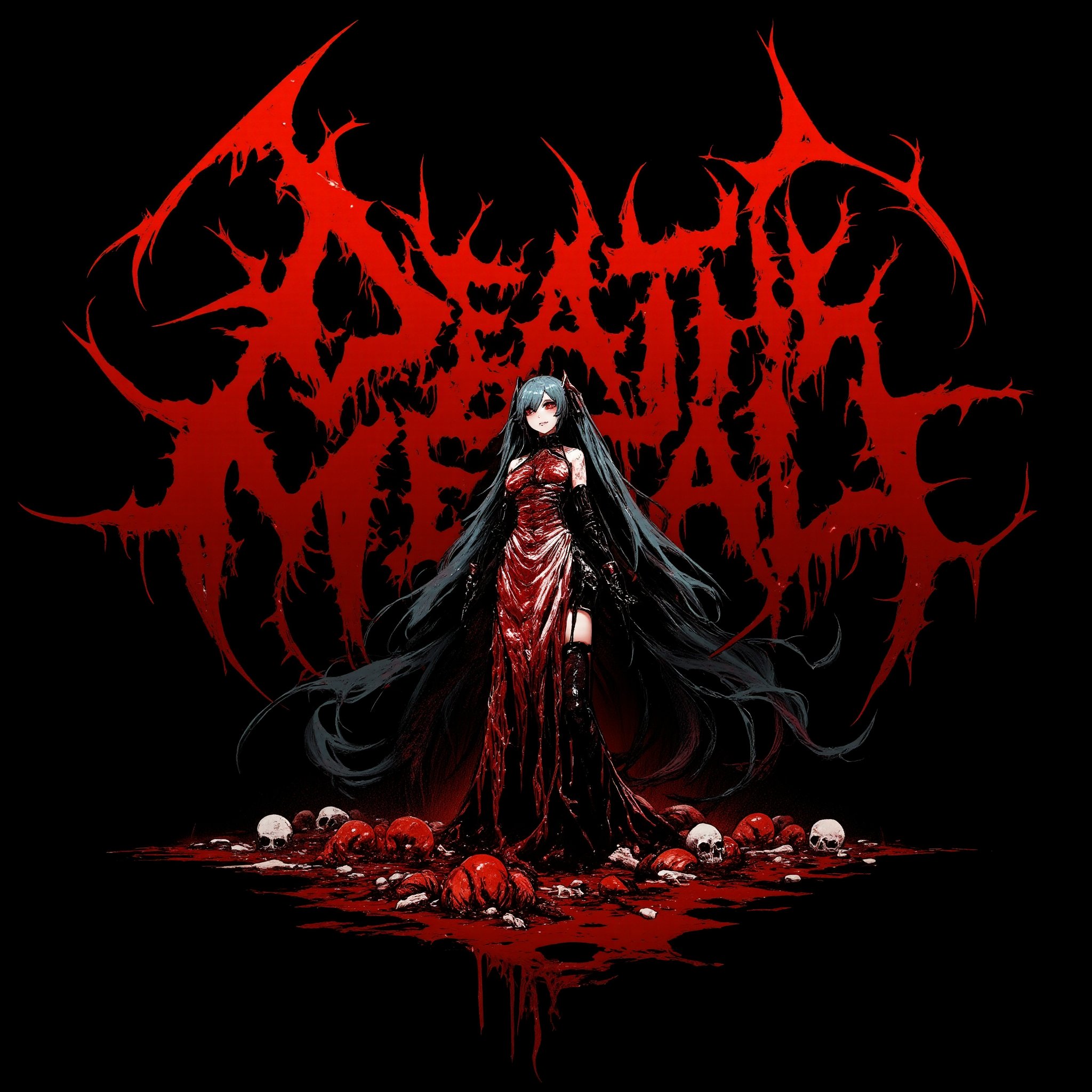 Creepy death metal band artwork, album cover art,
Extreme death metal logo design for the band name "DEATH METAL". Highly complex and bloode red text on pure black background,Sharp, jagged, and elongated letter forms resembling thorny branches or lightning bolts. Symmetrical composition with extensions above and below. Dripping, melting effect on some letters, entire screen has a gloomy, dark atmosphere,Hatune miku, bloody Hatsune Miku wearing a flesh apron placed in the center of the screen, and countless human bones scattered around..,DonM7w1573dW0nd3rl4ndFX,assassinkahb style