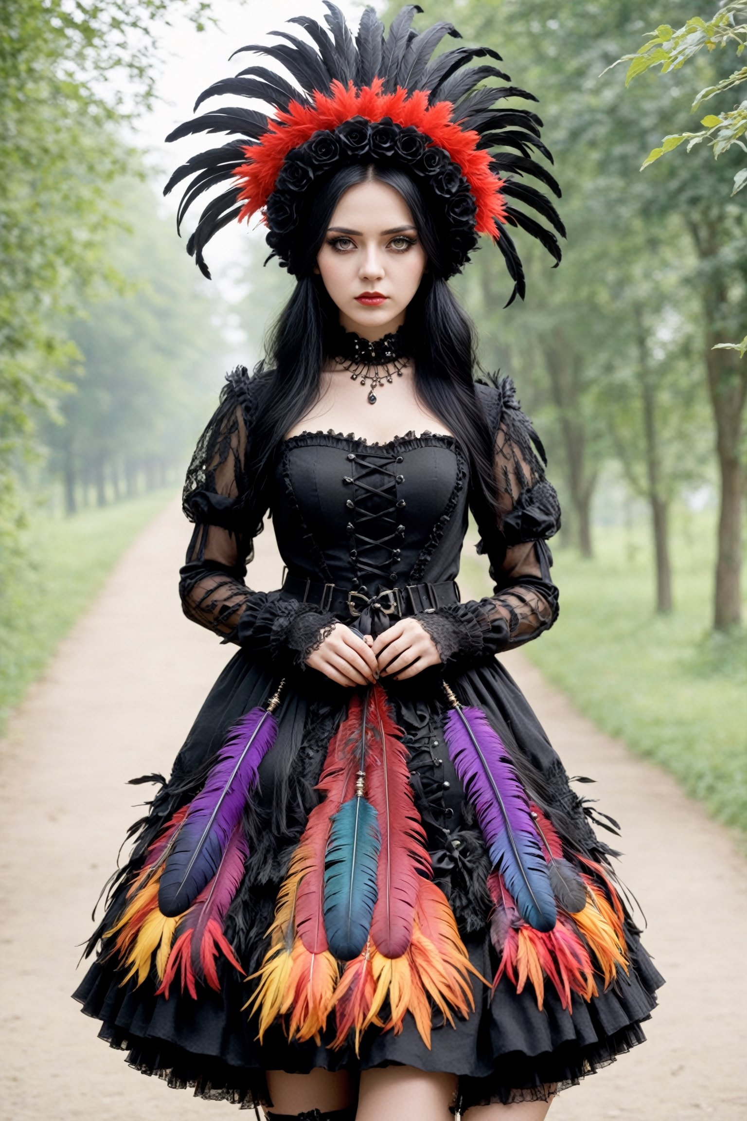 1girl,Eagle feathers, feather bonnet,
Gothic themed fashion style girls, gorgeous colorful dresses with colorful feathers, as if their entire body is wrapped in raven feathers,goth person,18thcentury,b3rli,solution epsilon \(overlord\)