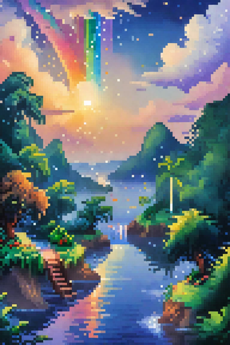 The gradation of the waterside where you swim in the light, Embrace the bright rainbow floating in the sky, Goodbye star, Can you see this world too? Is there a dream beyond this sky? Our thoughts and feelings as we run begin to turn into a precious melody,pixel style