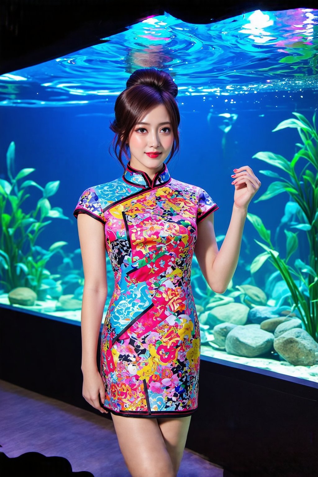 1girl,Young woman, in modern Guochao (Chinese national trend) fashion, standing before a giant aquarium, She wears a chic qipao dress with contemporary patterns, mixing traditional Chinese elements and pop art. Her hair is styled in a modern updo with decorative hairpins. The dress features vibrant colors and sleek cut, blending traditional silhouettes with street style aesthetics. I,ek_real_b00ster