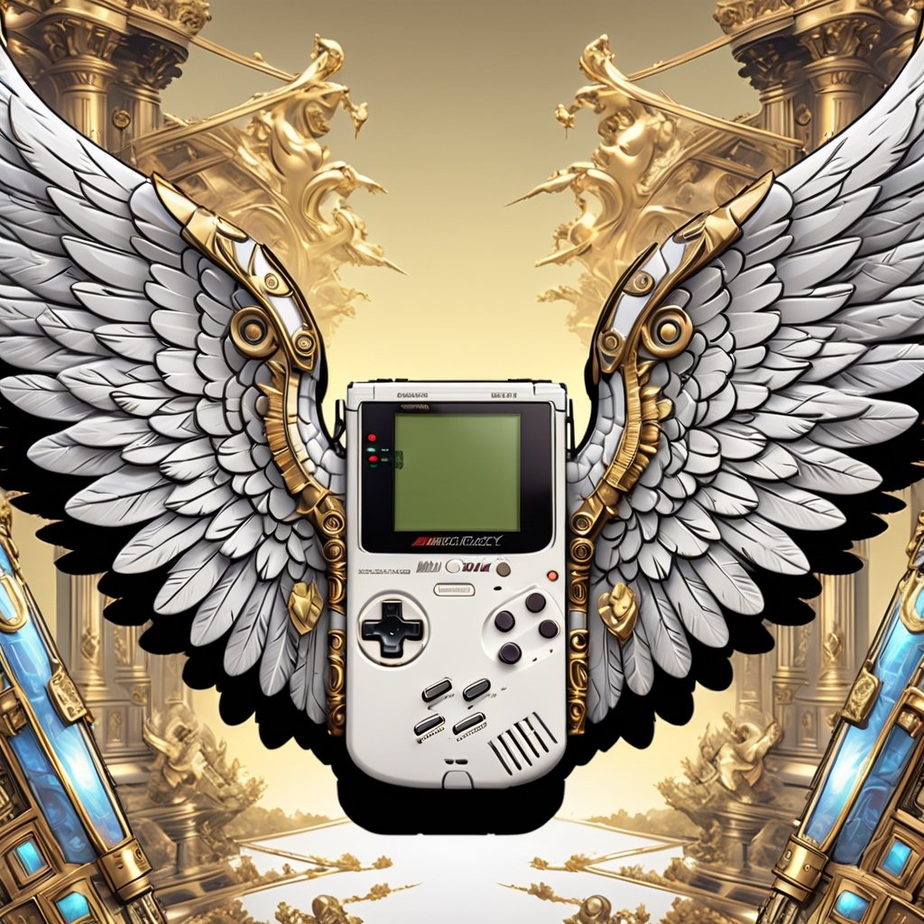 ultra detailed Realistic Nintendo GAMEBOY,
Extreme detailed beautiful angel wings,luxury,REGACY,celestial light,
,Comic Book-Style 2d