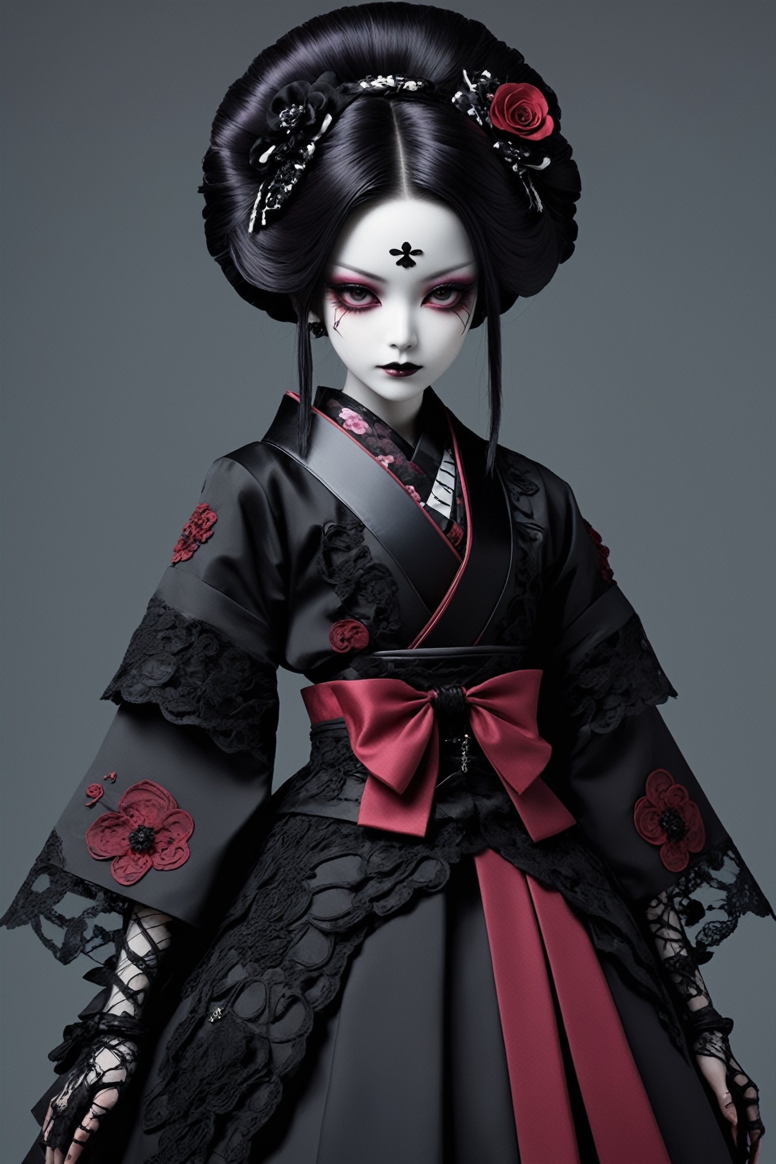 (Master),((ballet dancer)),((full body)),
A fusion of traditional Japanese aesthetics and Gothic Lolita fashion, where elegant kimono silhouettes intertwine with the dark allure of Gothic elements, elaborate kimonos trimmed with lace, in deep, rich colors, with gorgeous obis and corseted bodices. Intricate hair ornaments fuse traditional knob kanzashi with gothic motifs, deep purple, black, and blood red tones, and delicate fabrics,DonM1i1McQu1r3XL,nocturne,ct-niji2,gothic people