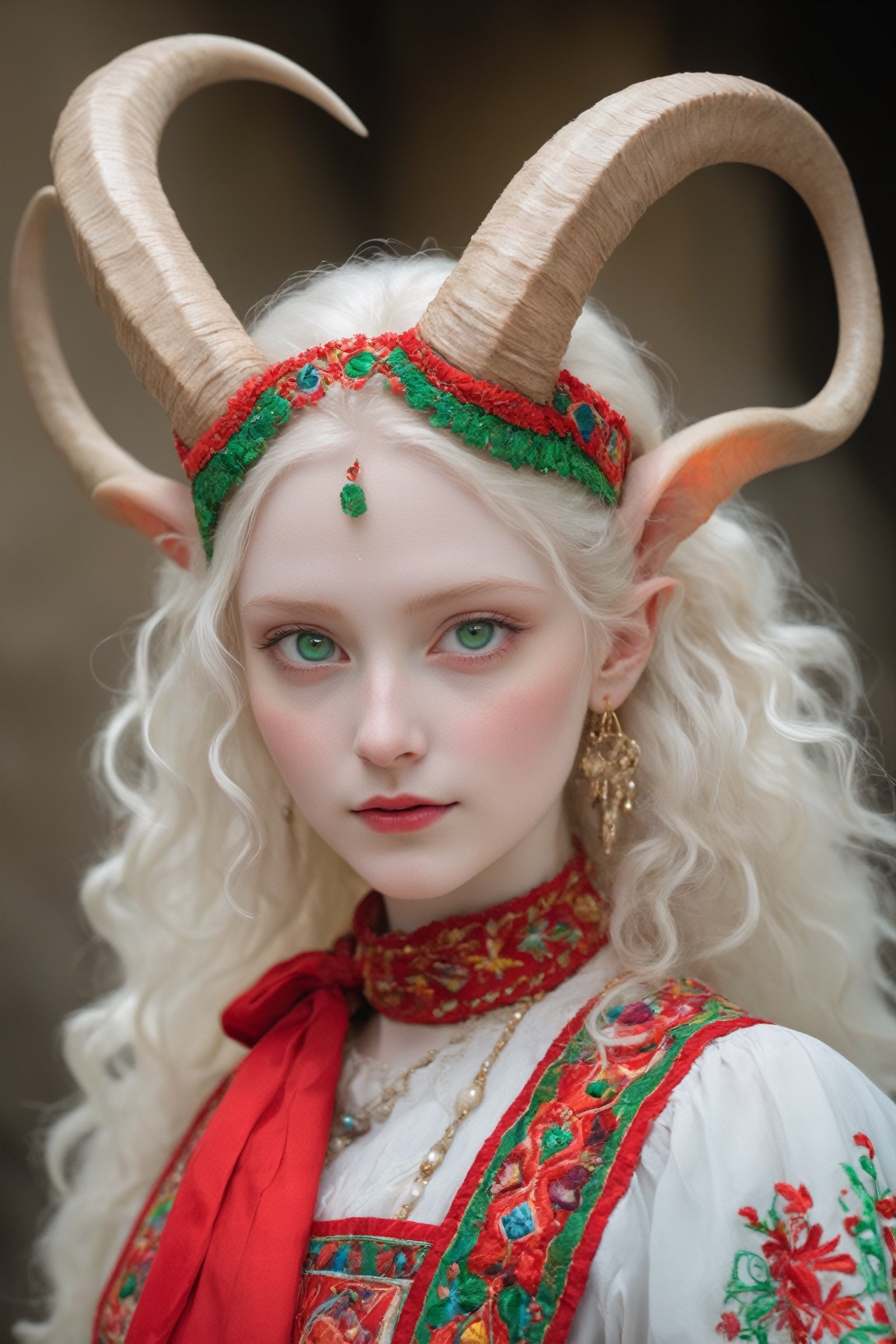  albino devil girl,
 (complex long horns: 1.2), in traditional Italian and Sardinian costume, endlessly beautiful emerald eyes, her ethereal presence accentuated by the transparency of her pale skin, her striking emerald eyes radiating an otherworldly glow,
Break
Wrapped in the vibrant colors and intricate designs of her artistically embroidered blouse, colorful skirt, apron, and Sardinian folk costume in red and white tones, she exudes an enchanting allure that transcends the realms of fantasy and reality,photo_b00ster