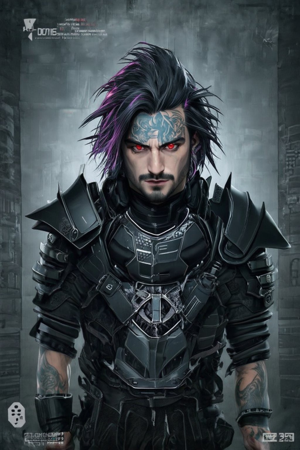 ultra Realistic,Extreme detailed,1 man,badass man,
Neon punk Cyber design,
long hair,((tattoo on forehead:1.2)),Full body,
A vampire with a beautiful and cool design, ominous red eyes, sickly fair skin, and sharp black armor,Digital,Style,bioluminescent,realistic