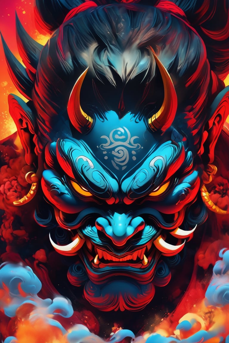  a nightmarish appearance of the evil ((mask) ), Japanese Oni culture , portrait view, highly detailed, 8k, Hyperrealistic, splash art, concept art, mid shot, intricately detailed, color depth, dramatic, 2/3 face angle, side light, colorful background,LegendDarkFantasy,oni style