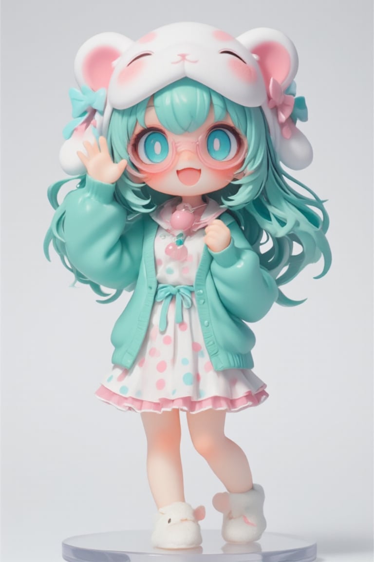 Cute anime-style chibi figurine of a girl with long, flowing turquoise hair. Large expressive blue eyes behind pink round glasses. Wearing a white polka-dot dress with pink and blue dots, pink trim, and a teal underskirt. Teal cardigan sweater. White and pink animal-shaped sleep mask on her head with closed eyes, small bone decoration, and blue bow. Pink bow in her hair. Pink cherry-shaped pendant necklace. White bunny-shaped slippers. Posing with one hand raised near her face. Cheerful expression. Highly detailed plastic figurine on a clear stand. Soft, pastel color palette. Professional product photography lighting and setup.,lyh,dal,create figure 2,furry