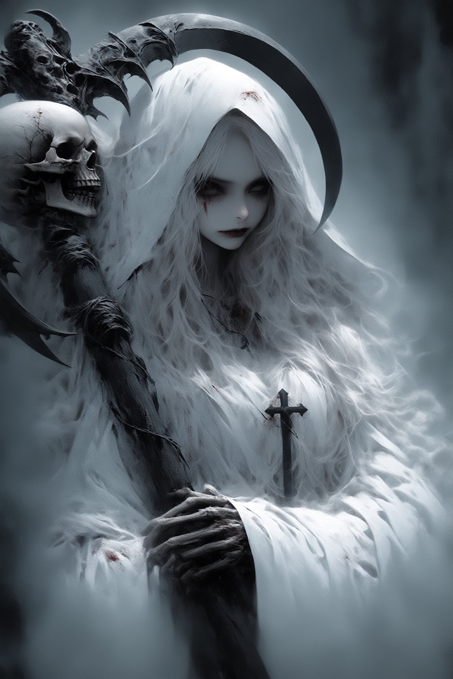 Beautiful albino girl, (Grim Reaper Scythe:1.2 ), (Hooded PURE white Robe, cleavage,( bloody:1.2), ruins cathedral,dal,ct-niji2,DonM5cy7h3XL