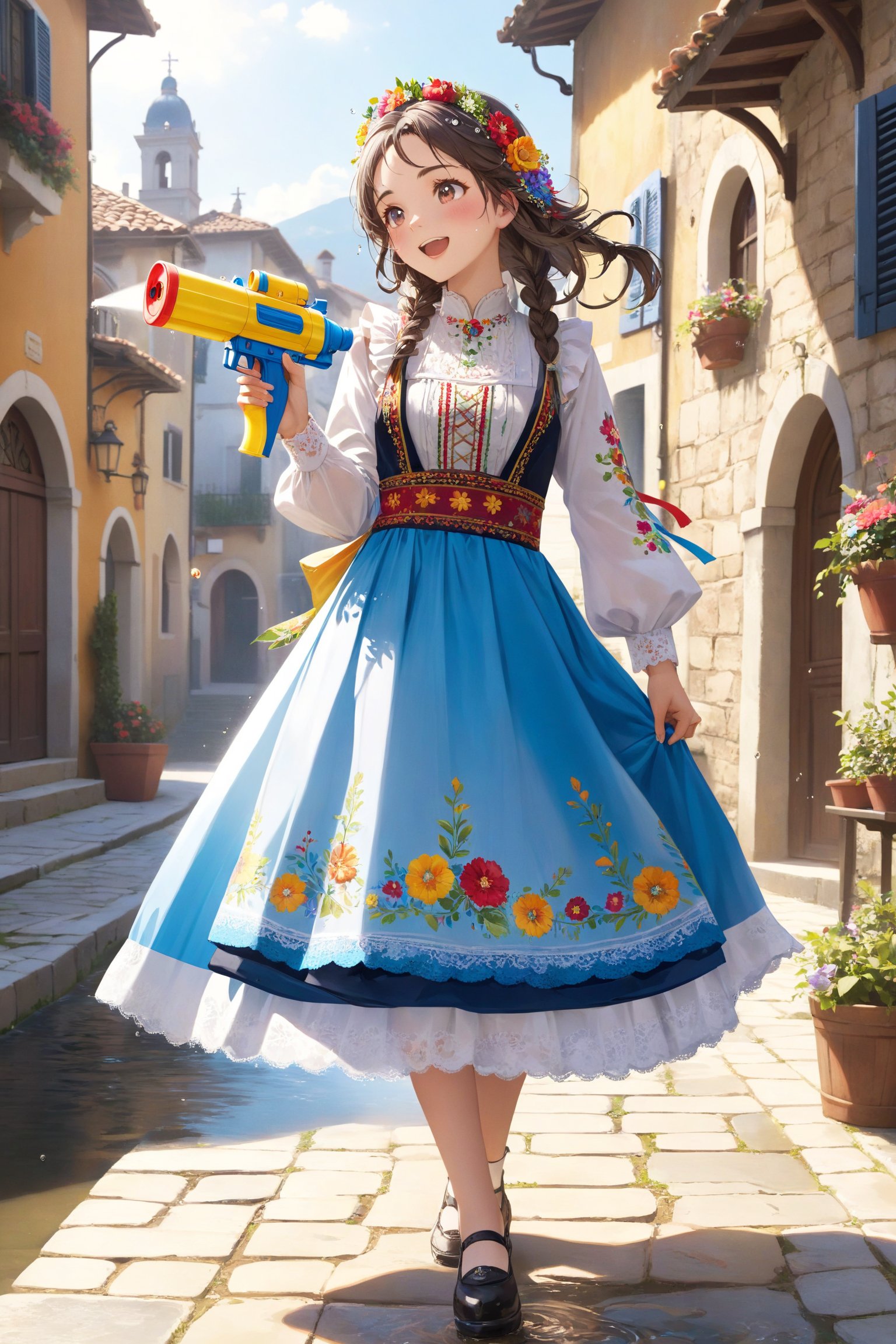 1Girl,Playful Italian girl, in traditional folk costume ,wielding colorful water gun,Ornate embroidered bodice, flowing skirt with regional patterns, lace-trimmed apron. Hair adorned with floral wreath. Joyful expression as she sprays water. Sunlit Italian village square background, ancient stone buildings. Puddles reflecting sky. Dynamic pose, water droplets sparkling mid-air. Blend of tradition and modern fun. Vibrant colors, hyper-realistic details in costume and water effects