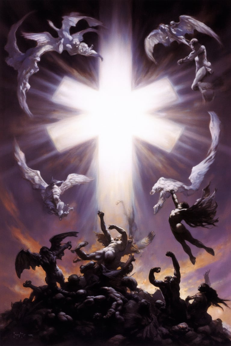 "A dramatic scene of a glowing, floating cross suspended in the sky. Above, radiant angels with pure white wings fly gracefully, their ethereal presence illuminating the area. Below, fallen angels with dark, tattered wings are rising upward, their expressions fierce and desperate as they try to seize the cross. The sky is a mix of light and shadow, reflecting the celestial and infernal forces clashing. The contrast between the angels and the fallen ones is stark, with the former exuding serenity and the latter chaos. The atmosphere is tense, as if a battle between good and evil is about to erupt.",OIL,FANTASY,PAINTING